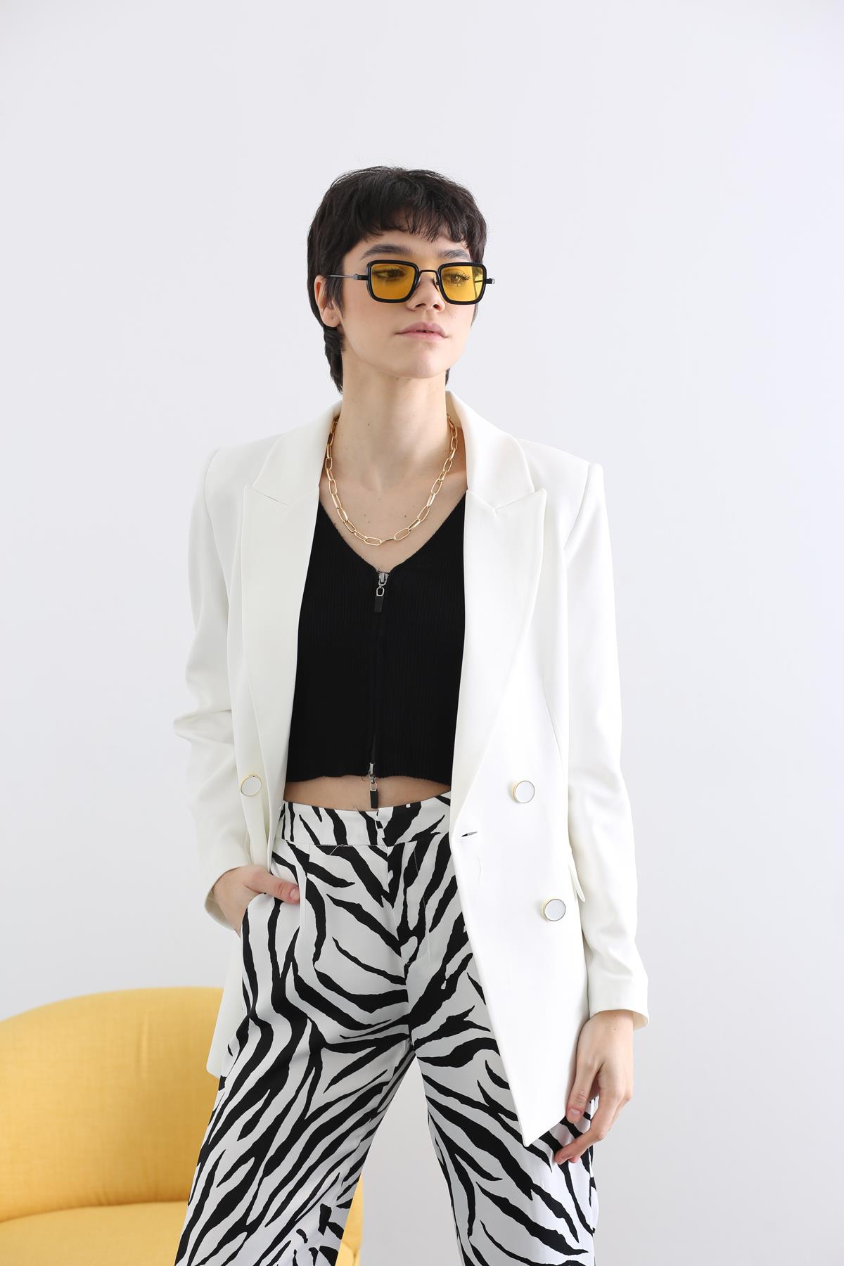 Ekru Kruvaze Blazer Ceket 43980