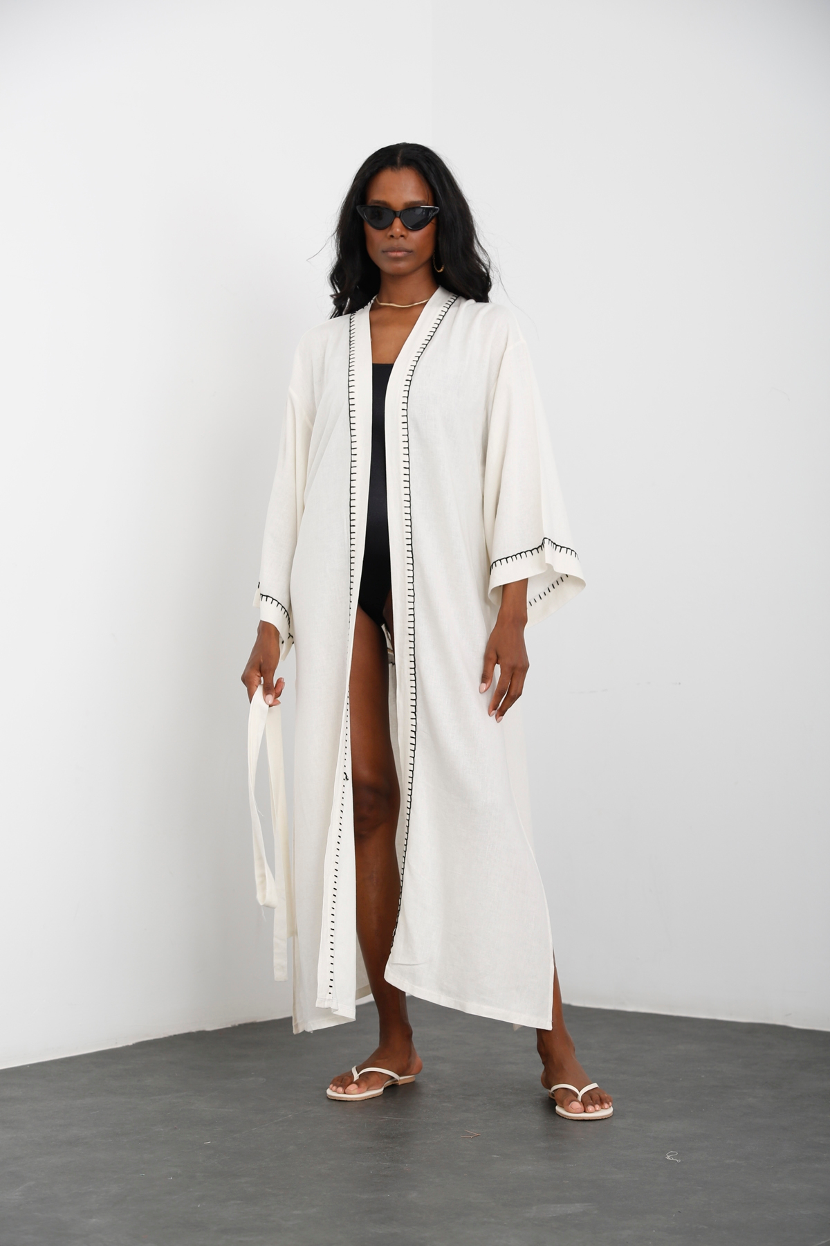 Ekru Mısır Püsküllü Kuşaklı Kimono 635