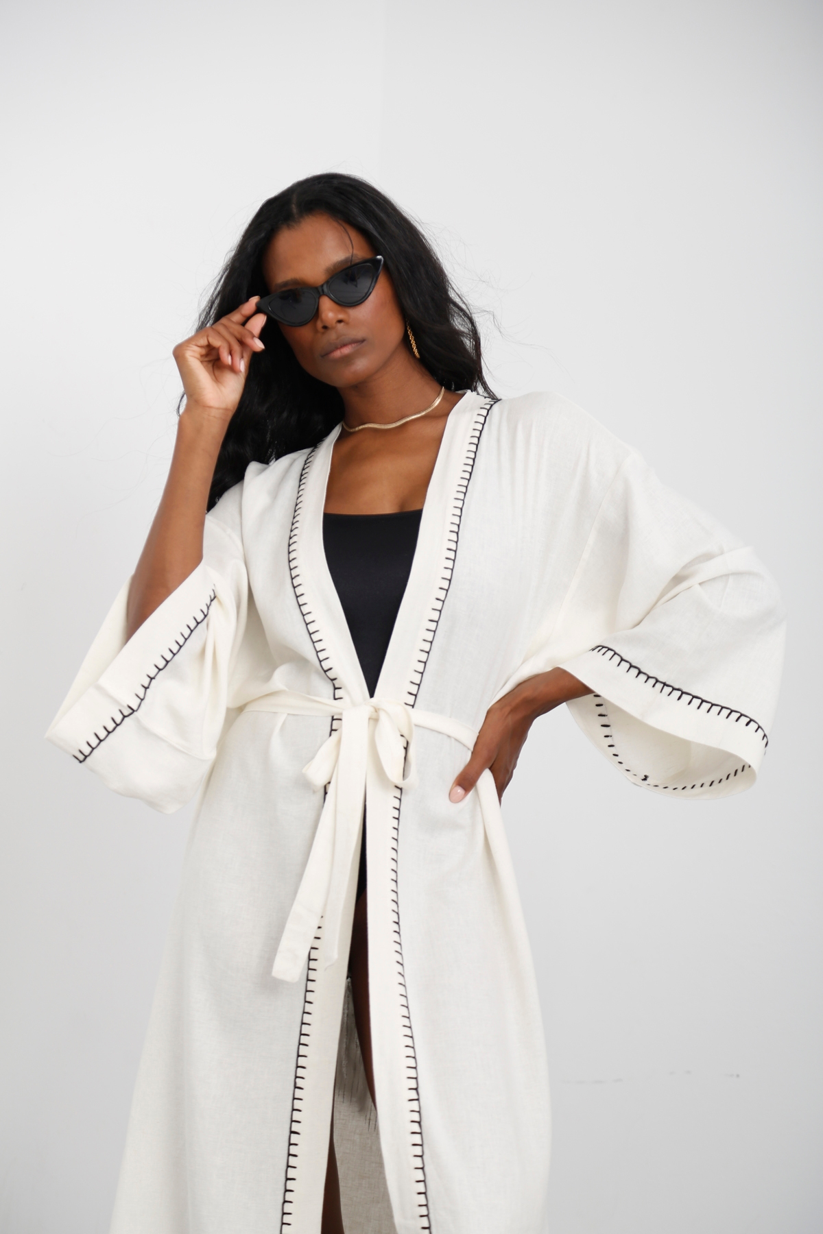Ekru Mısır Püsküllü Kuşaklı Kimono 635