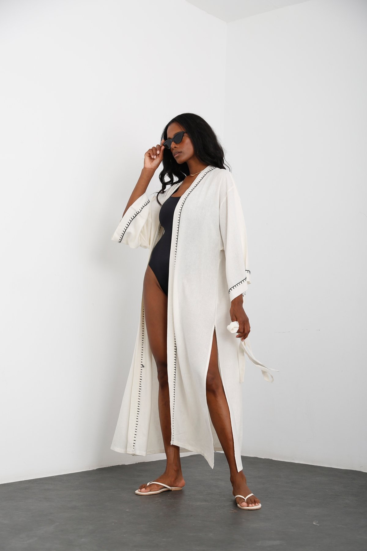 Ekru Mısır Püsküllü Kuşaklı Kimono 635