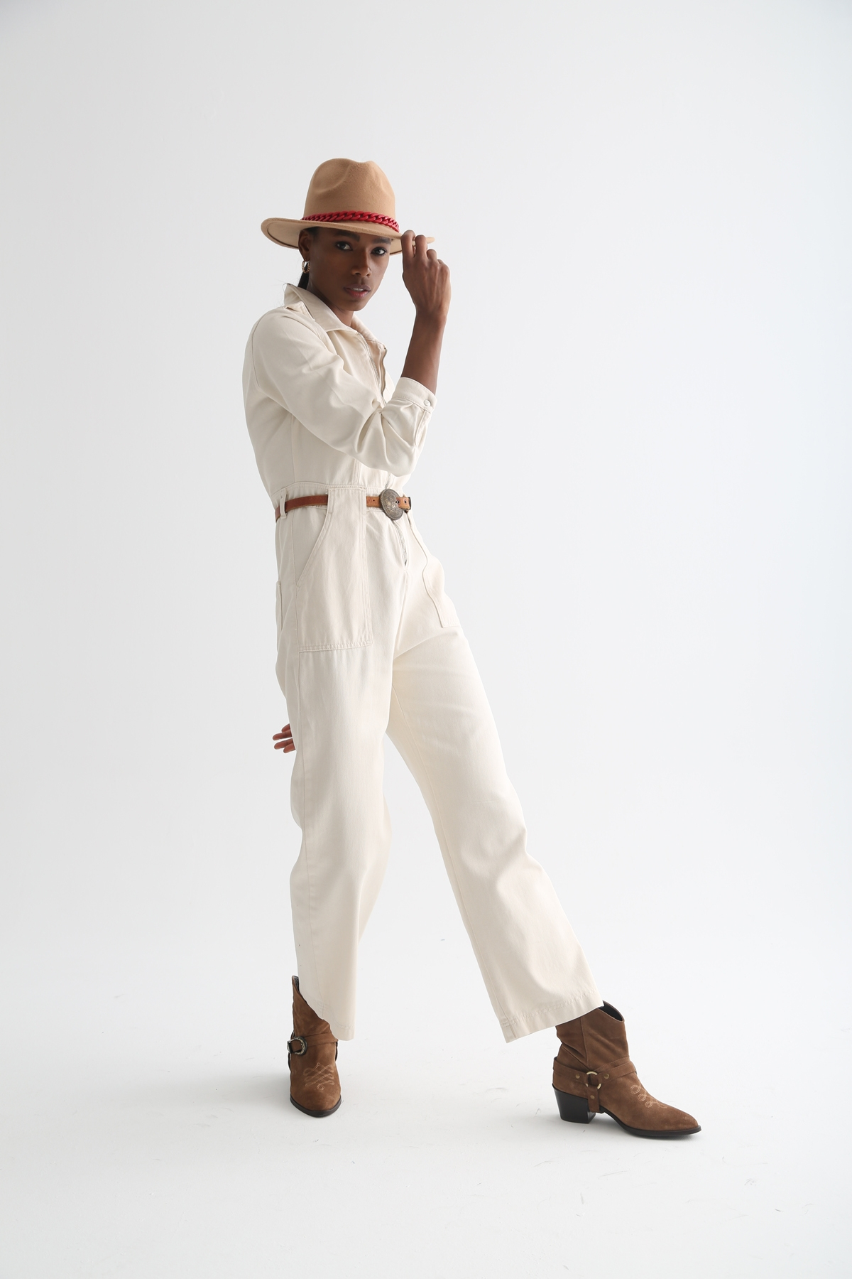 Ekru Önü Fermuarlı Kot Tulum 6068