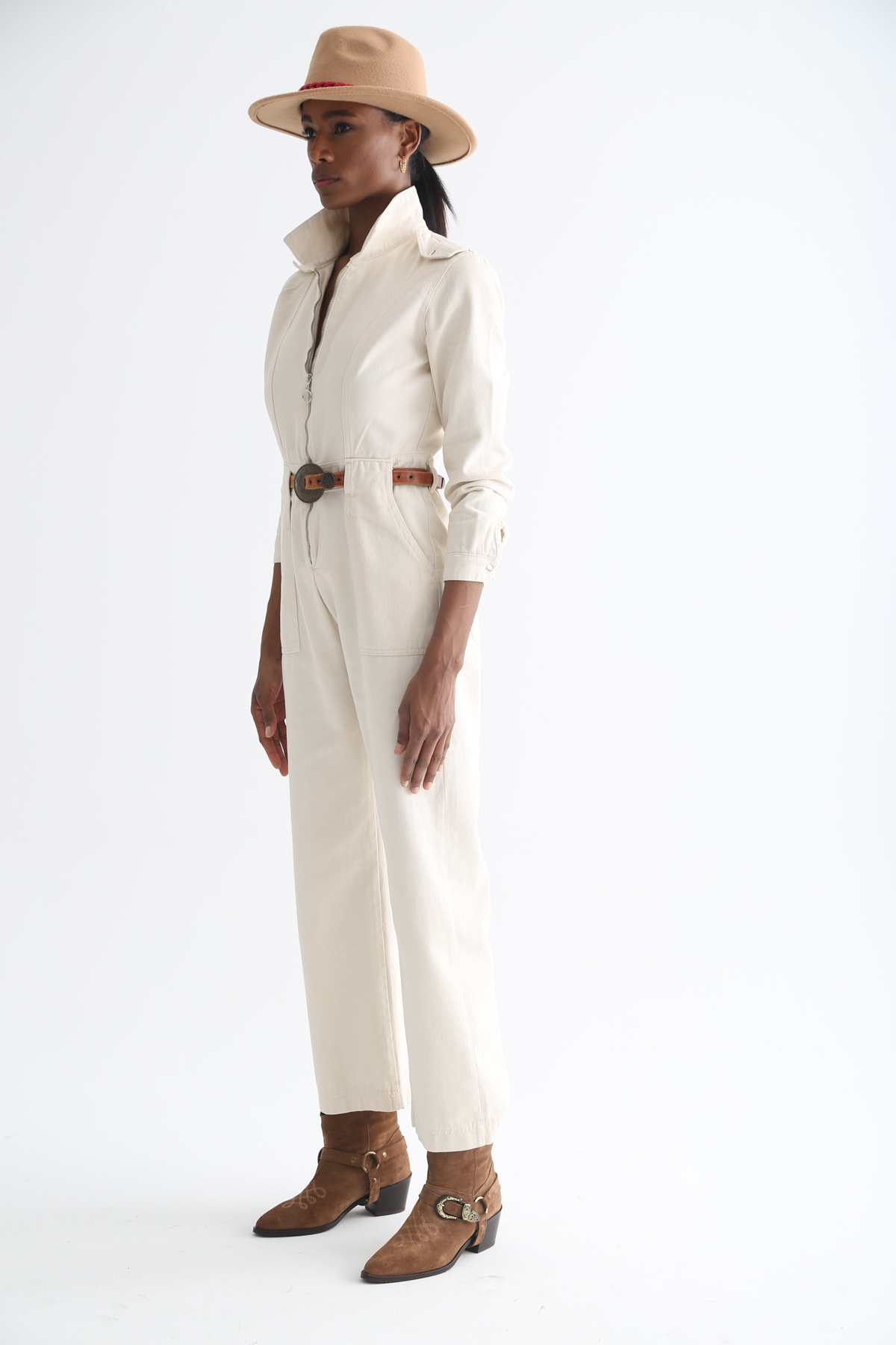 Ekru Önü Fermuarlı Kot Tulum 6068