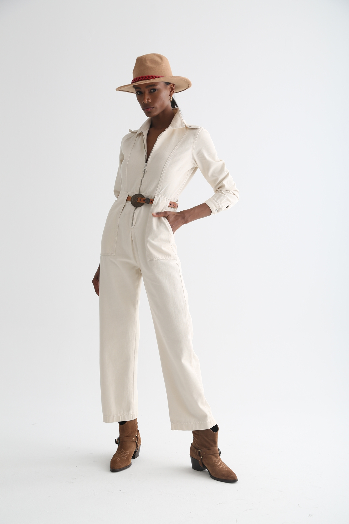 Ekru Önü Fermuarlı Kot Tulum 6068