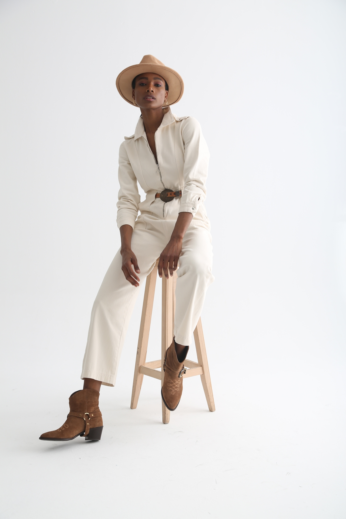 Ekru Önü Fermuarlı Kot Tulum 6068