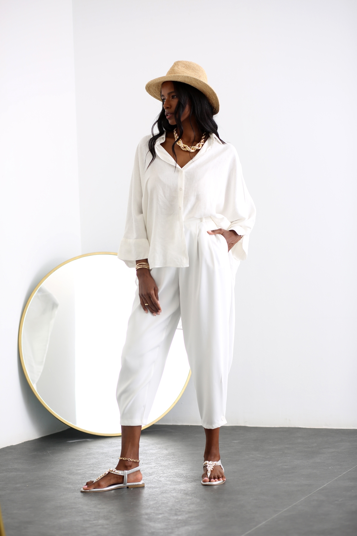 Ekru Oversize Keten Gömlek 2283