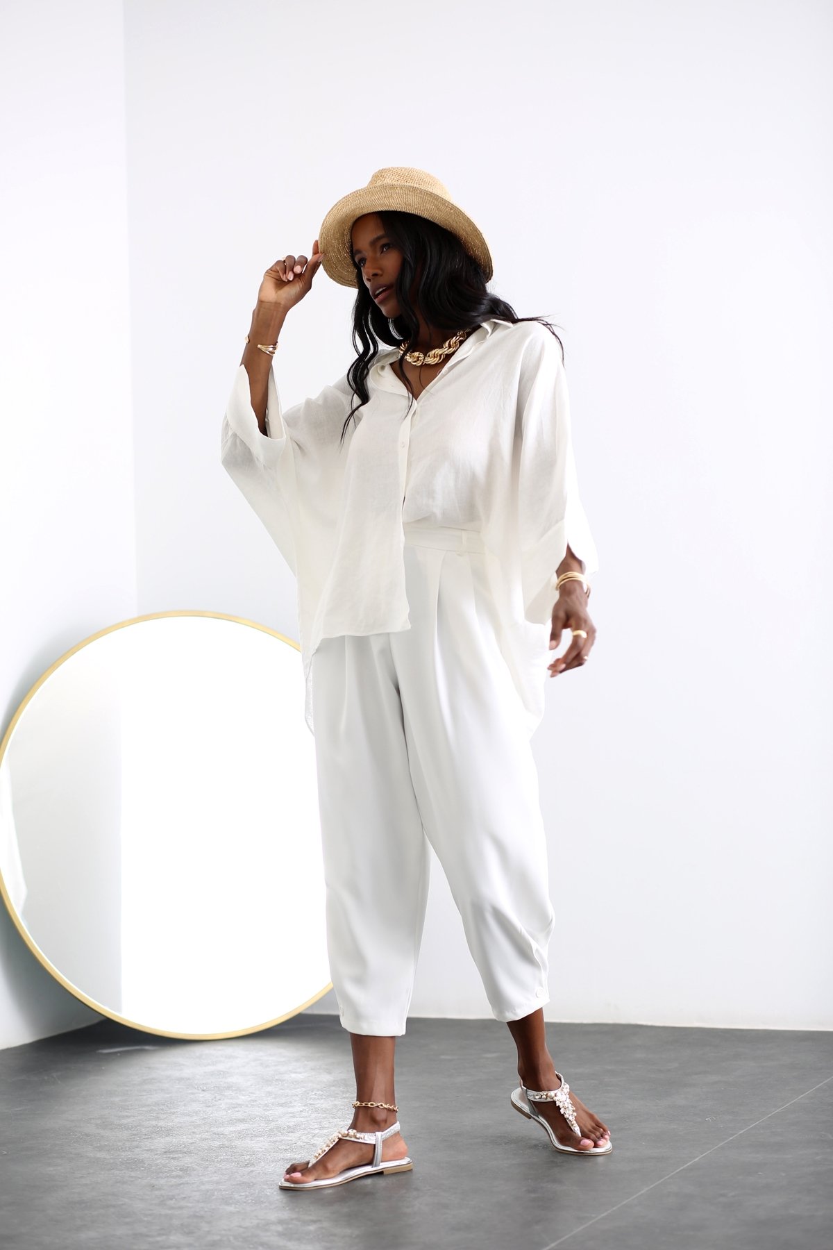 Ekru Oversize Keten Gömlek 2283