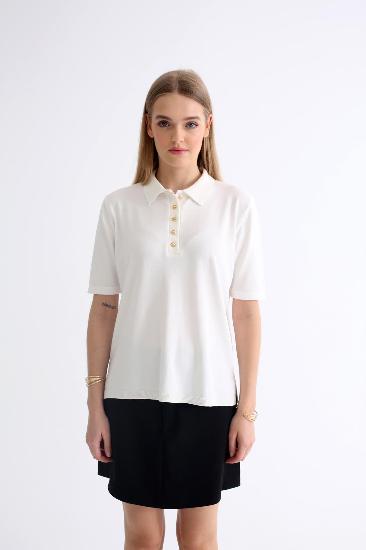 Ekru Polo Yaka Kısa Kol Triko 802