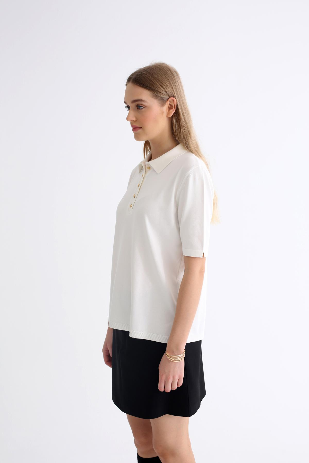 Ekru Polo Yaka Kısa Kol Triko 802