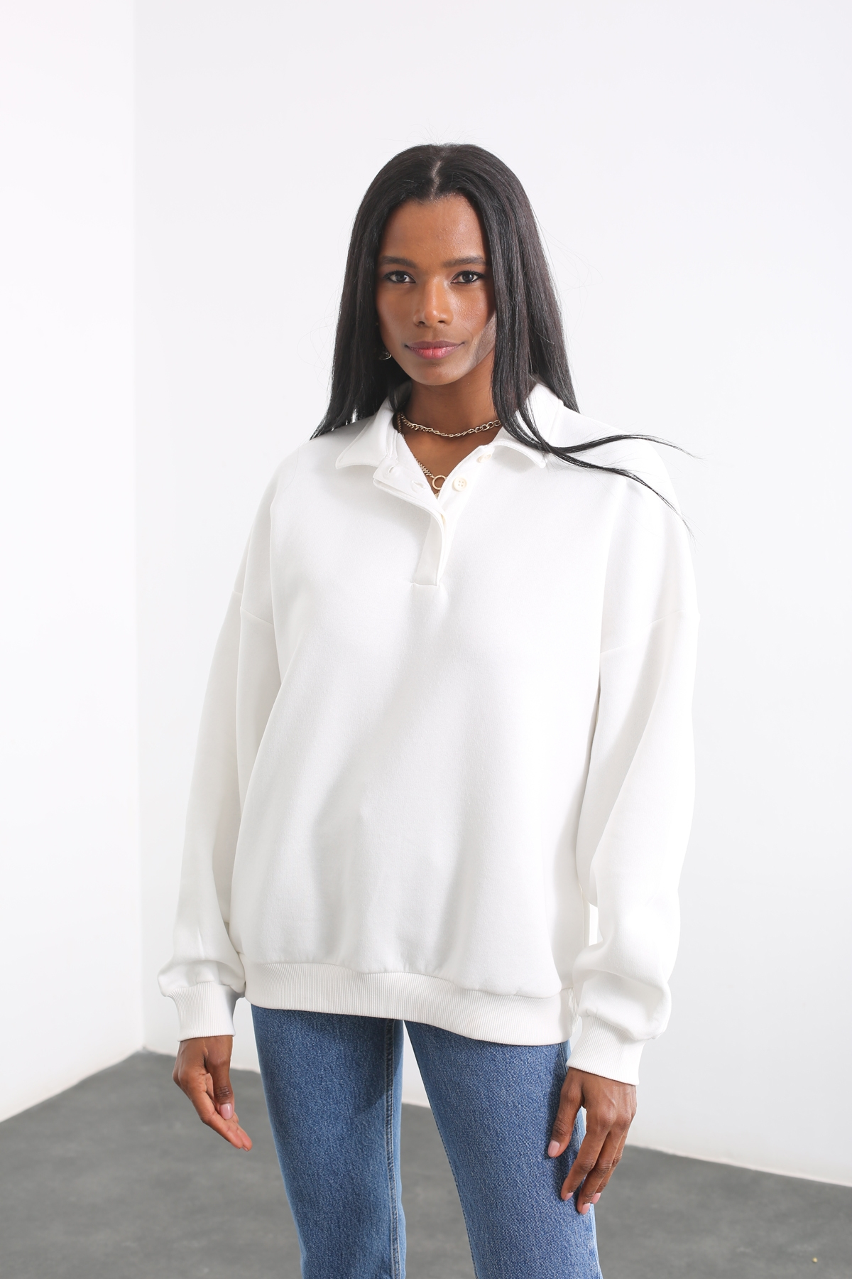 Ekru Polo Yaka Sweatshirt 
