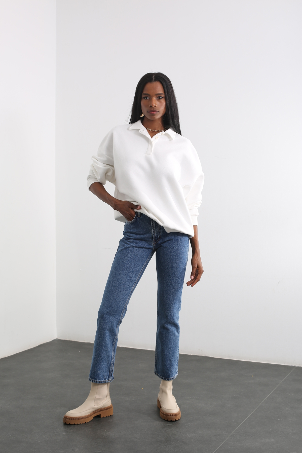 Ekru Polo Yaka Sweatshirt 
