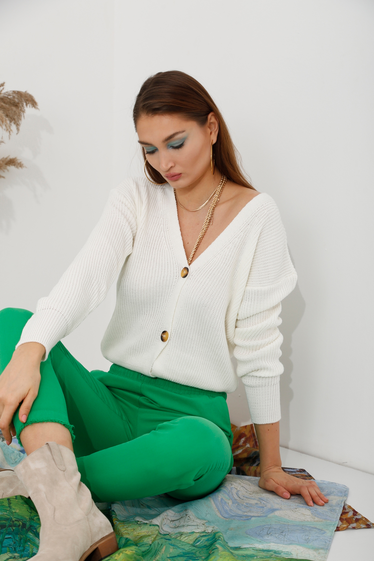 Ekru Üç Düğme Hırka 5522