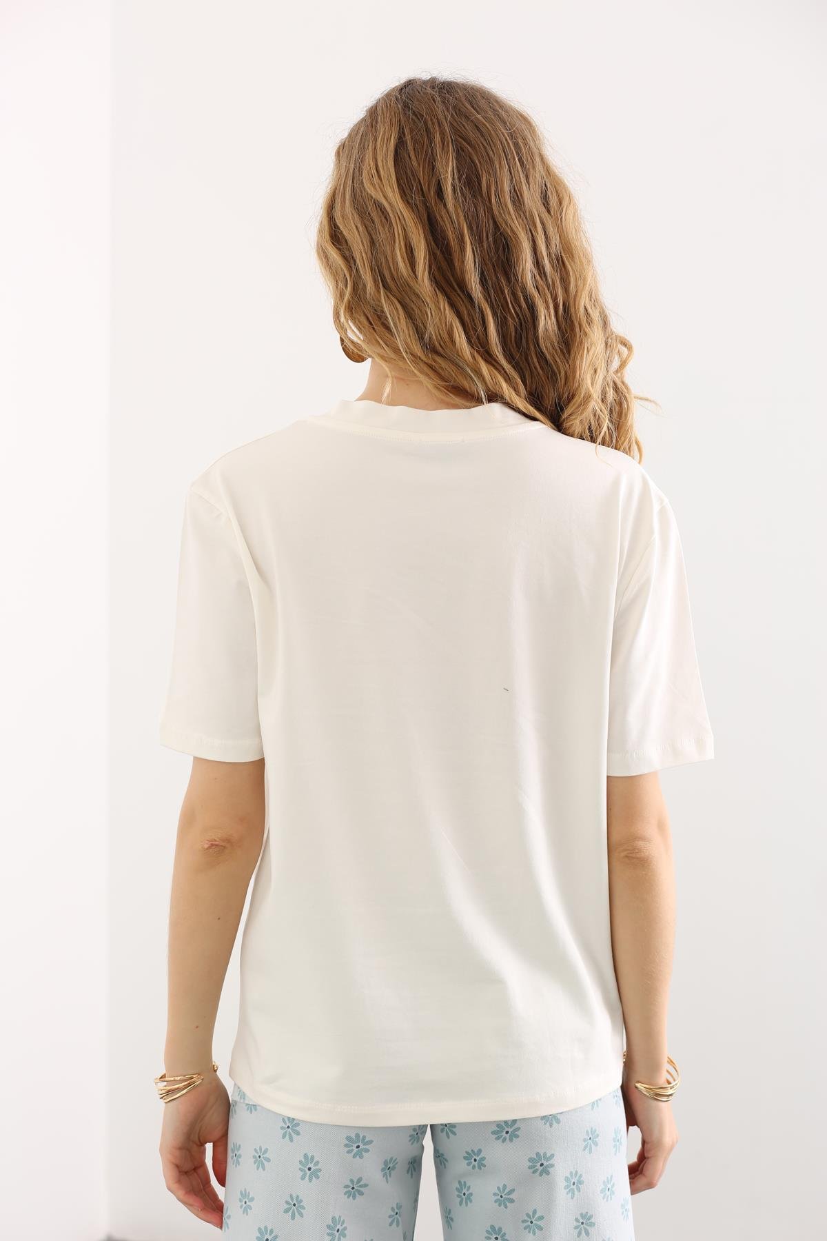 Ekru V Yaka Basic Tshirt 