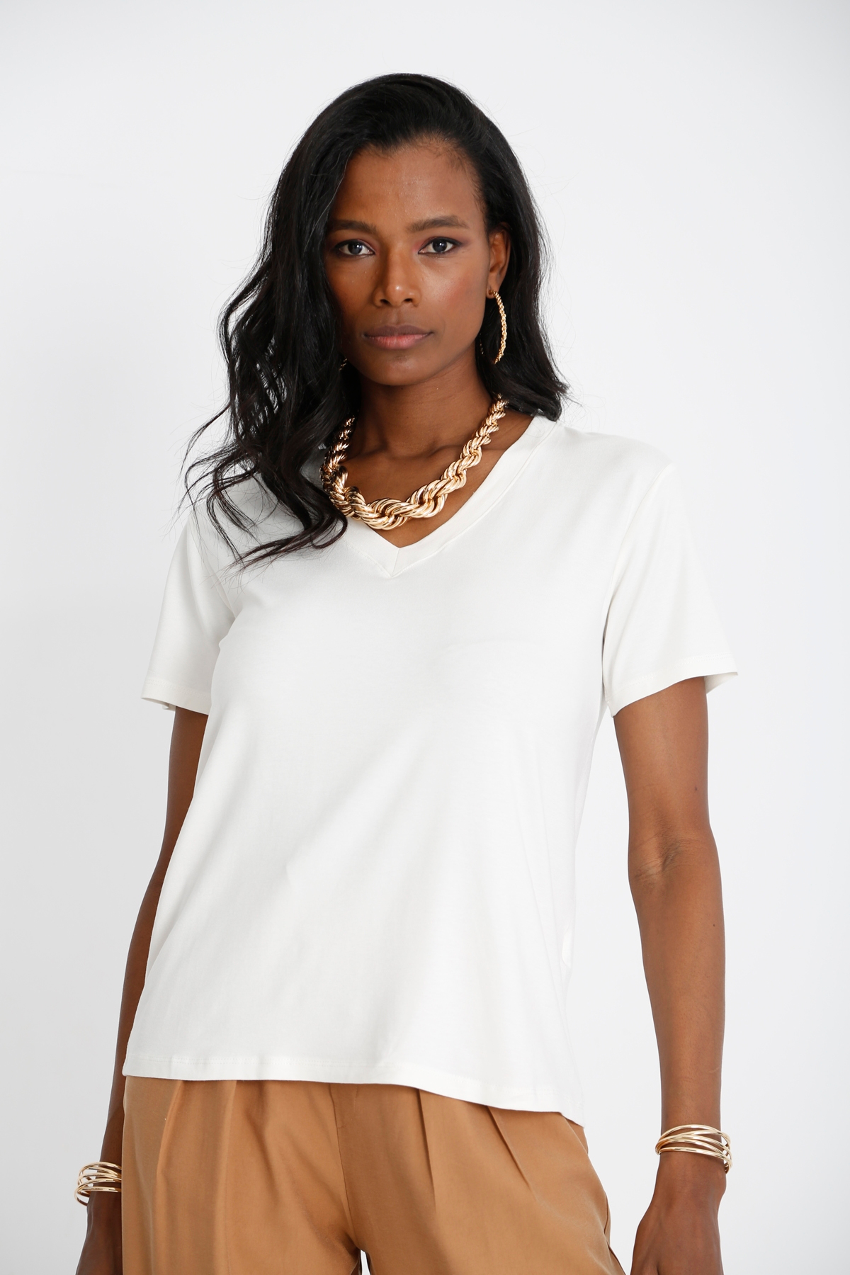 Ekru V Yaka Basic Tshirt 25070