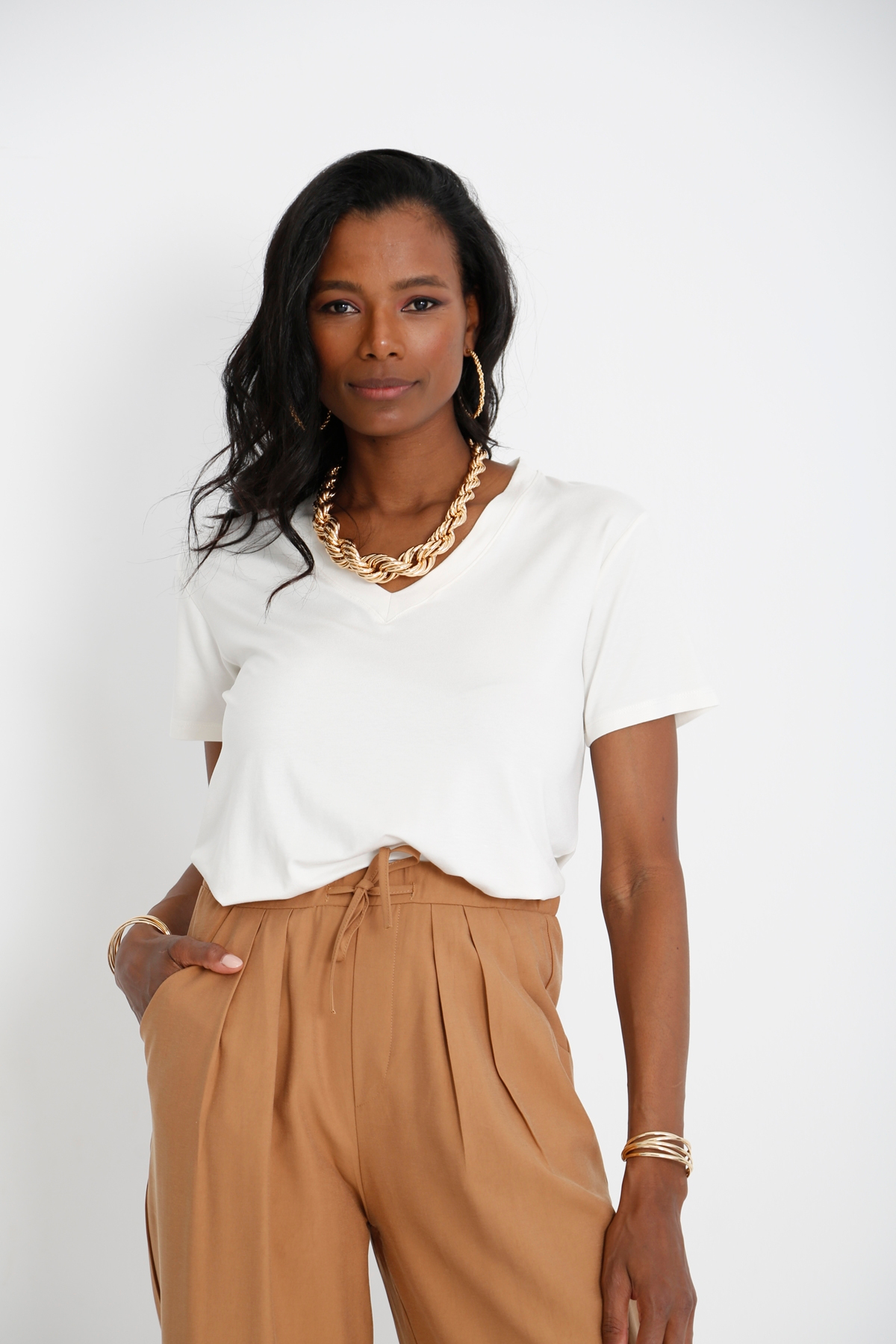 Ekru V Yaka Basic Tshirt 25070