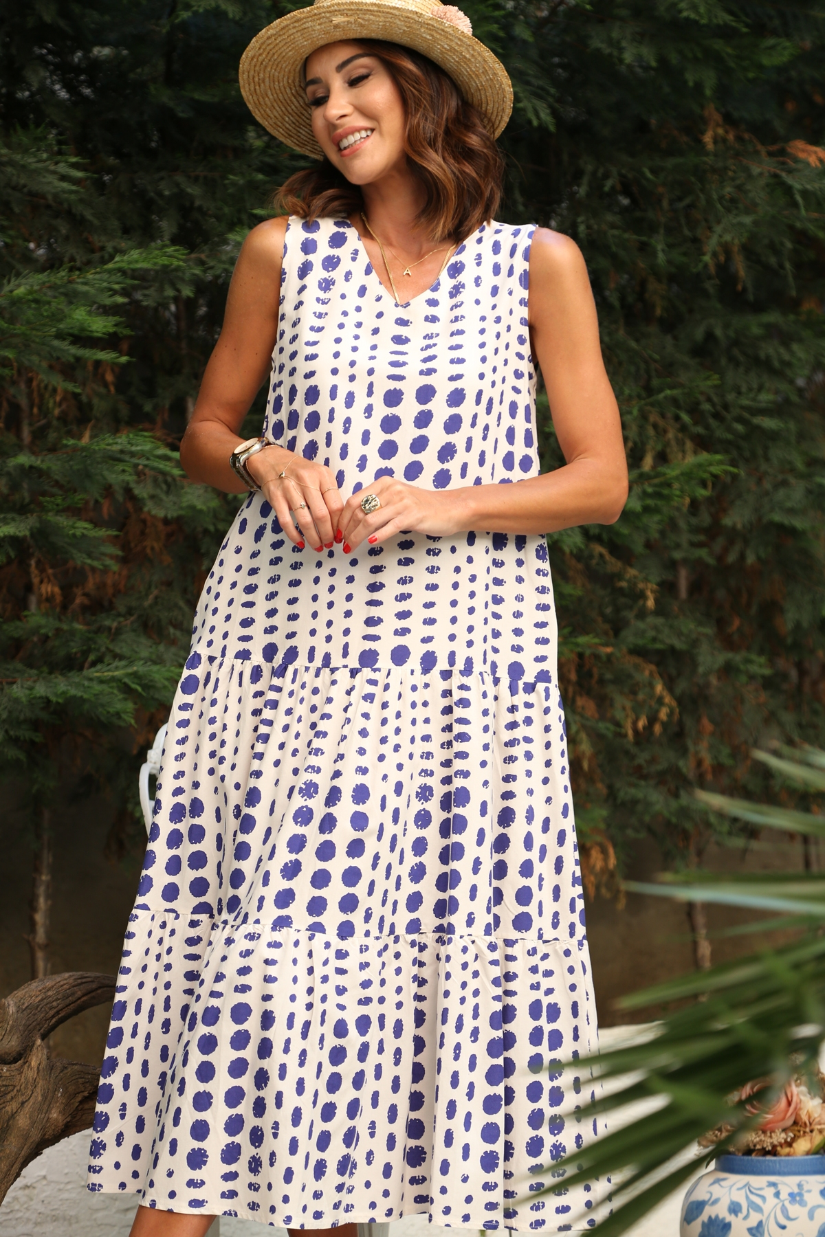 Ekru V Yaka Benekli Elbise 24983