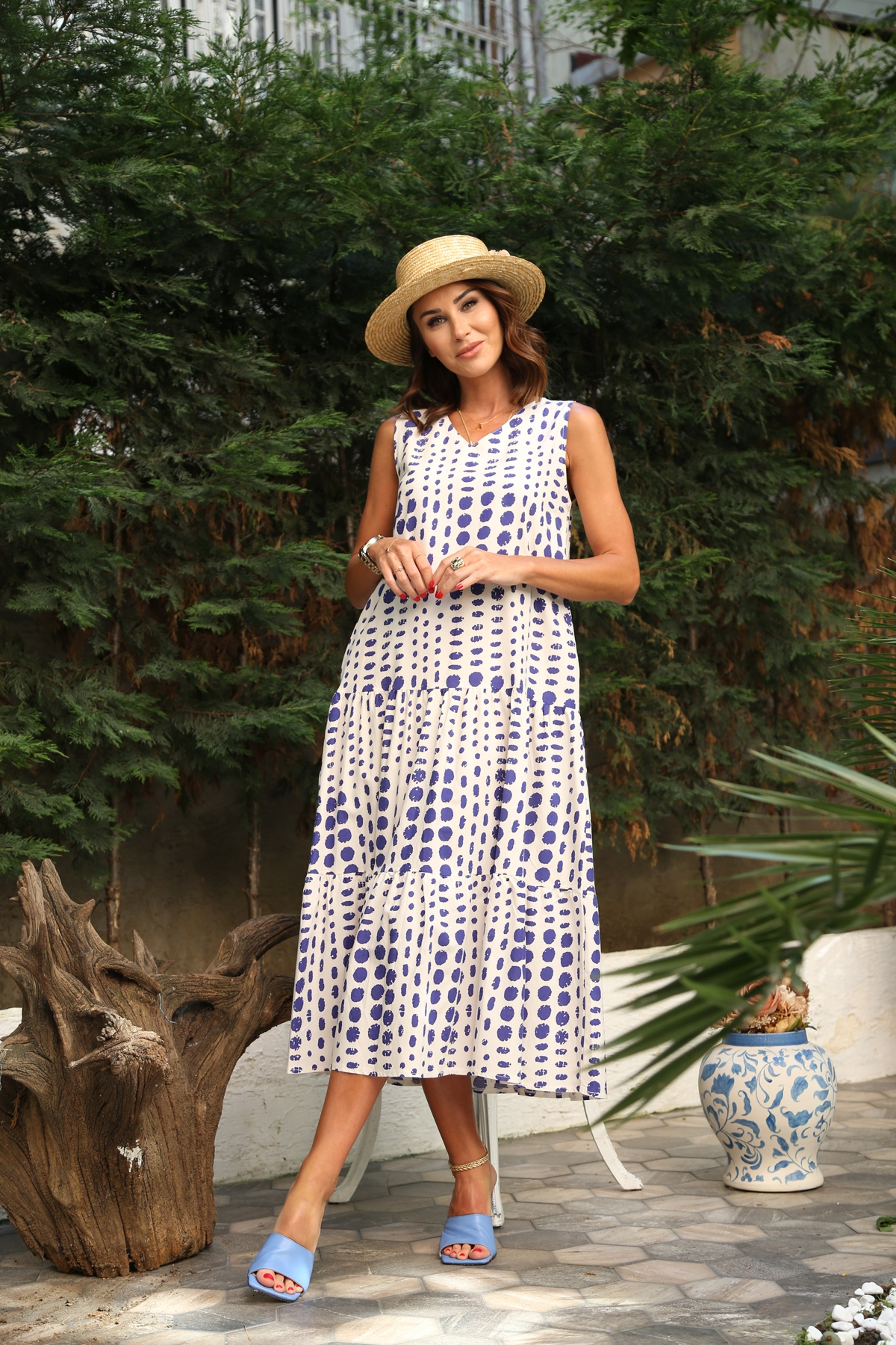 Ekru V Yaka Benekli Elbise 24983