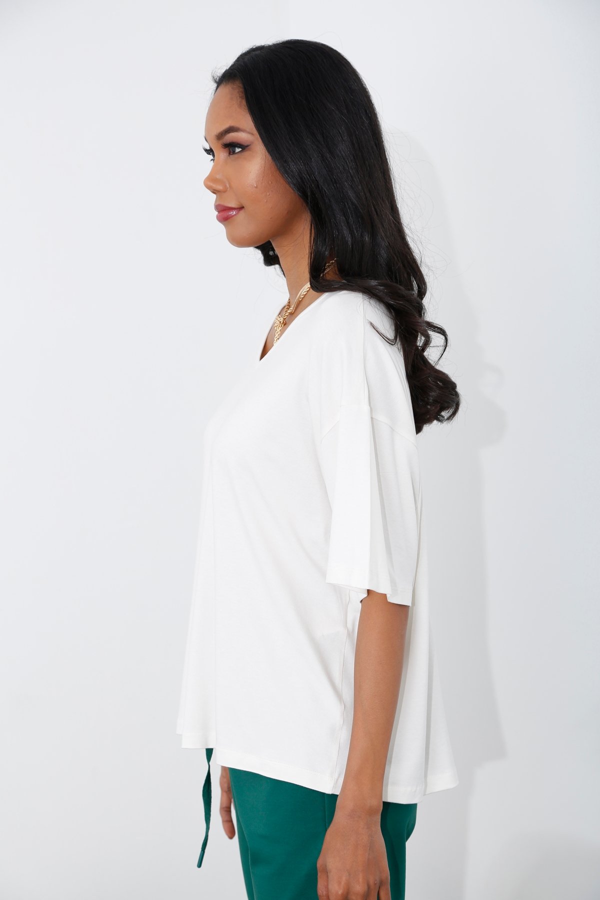 Ekru V Yaka Oversize Tshirt 26794