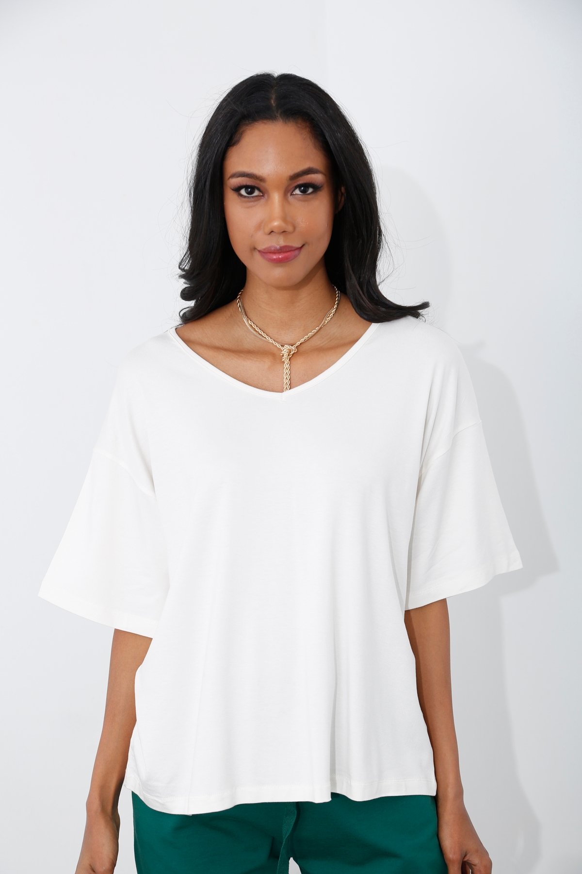 Ekru V Yaka Oversize Tshirt 26794