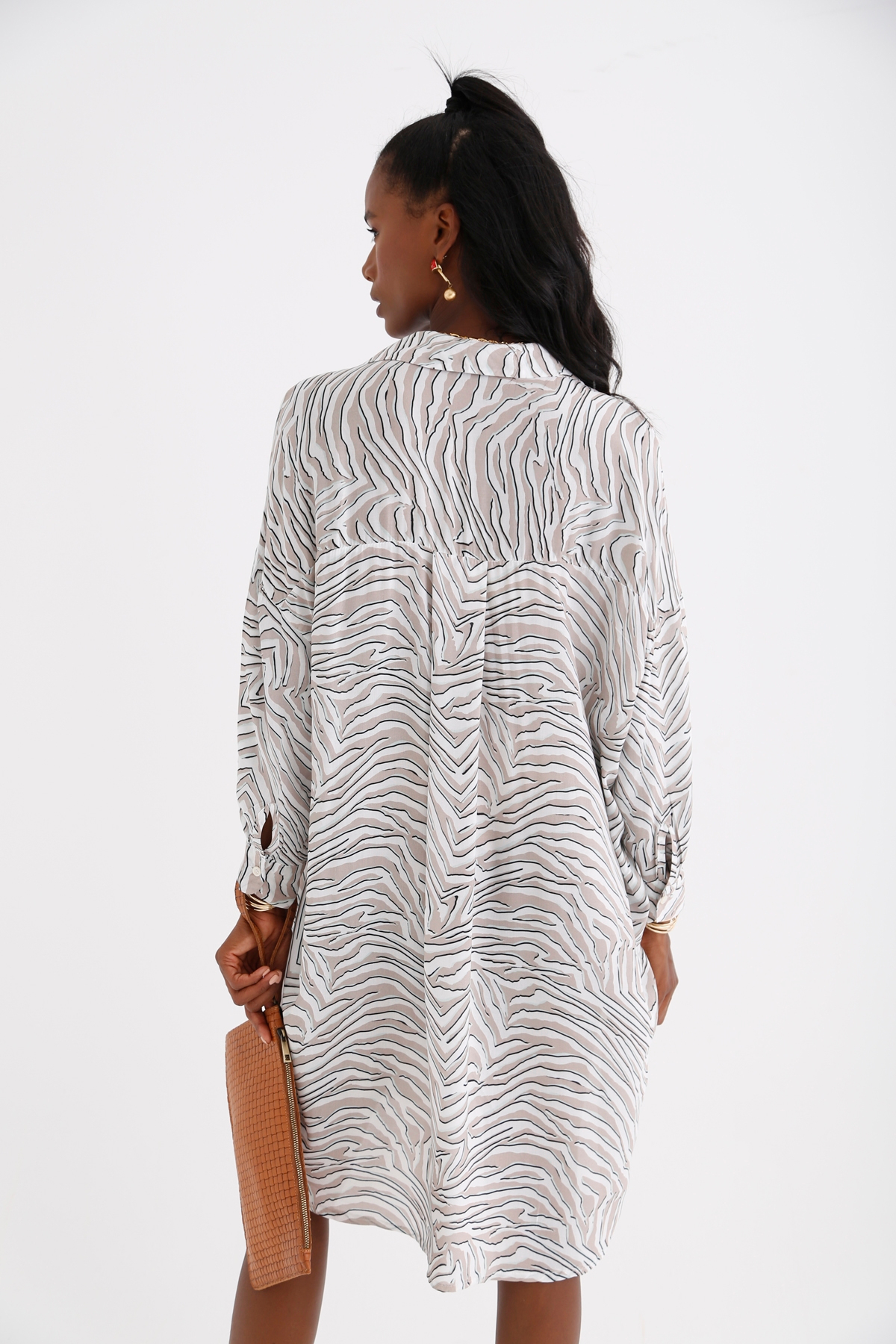 Ekru Zebra Desenli Elbise 034