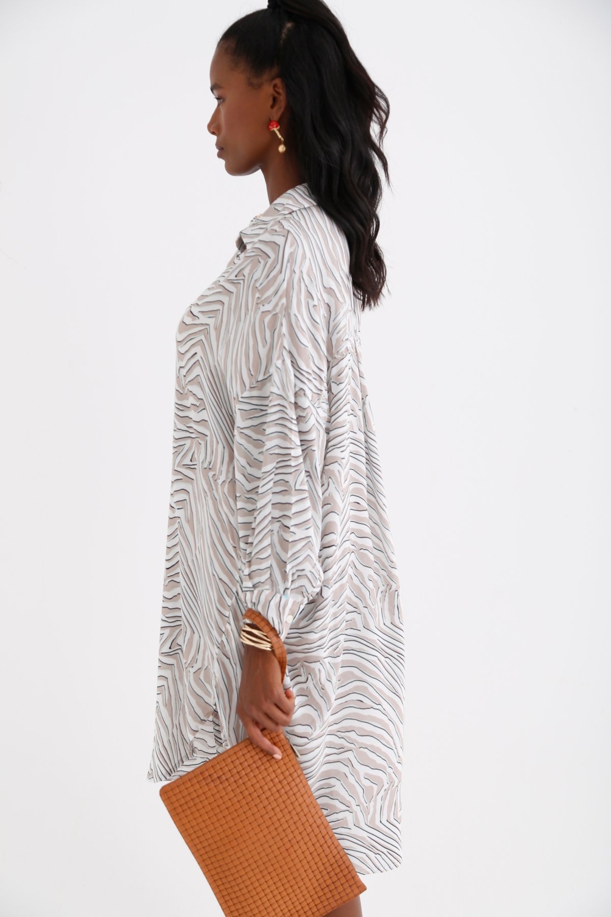Ekru Zebra Desenli Elbise 034