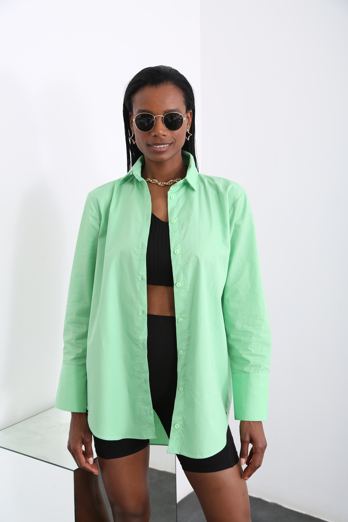 Fıstık Yeşili Oversize Klasik Gömlek 0724