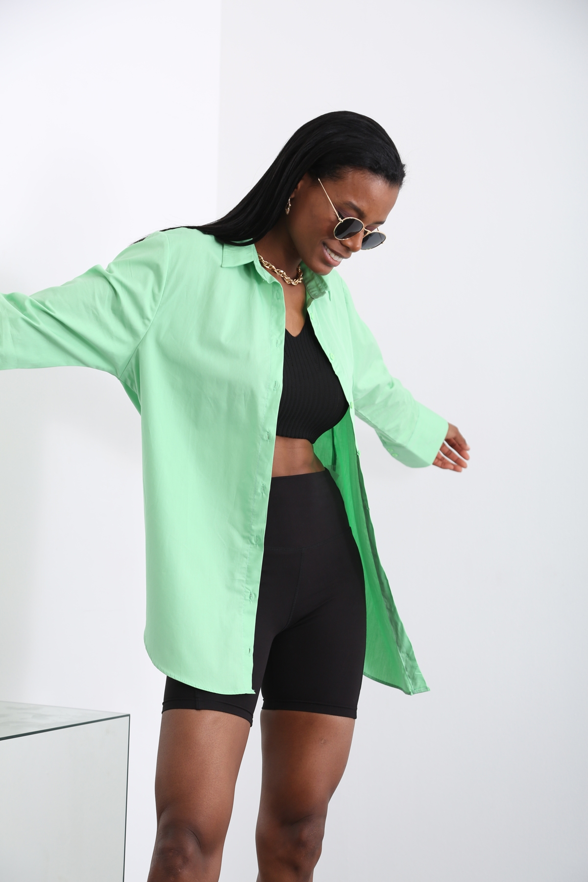 Fıstık Yeşili Oversize Klasik Gömlek 0724