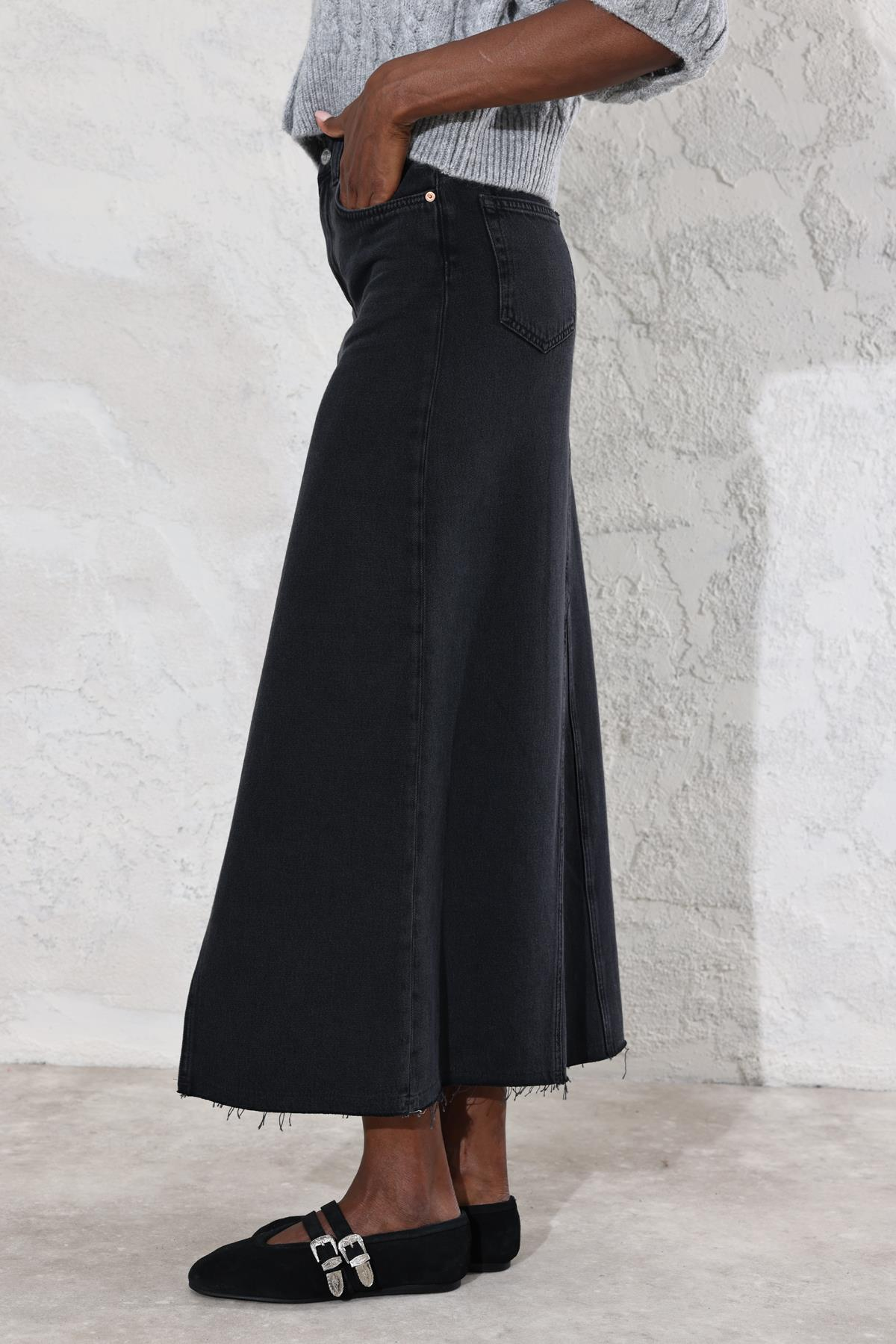 Füme Önü Yırtmaçlı Denim Etek 