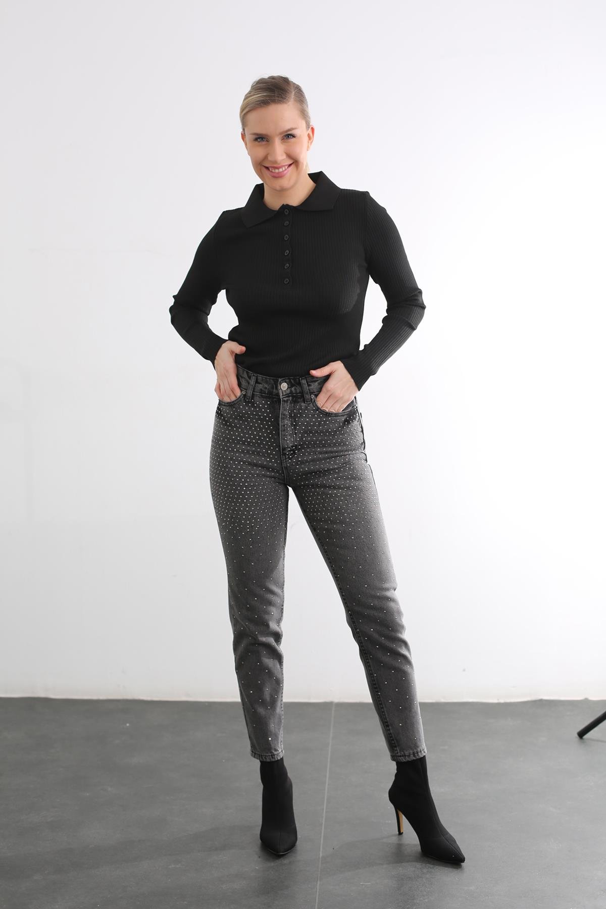 Füme Ultra Yüksek Bel Taşlı Jean 1084-ZR