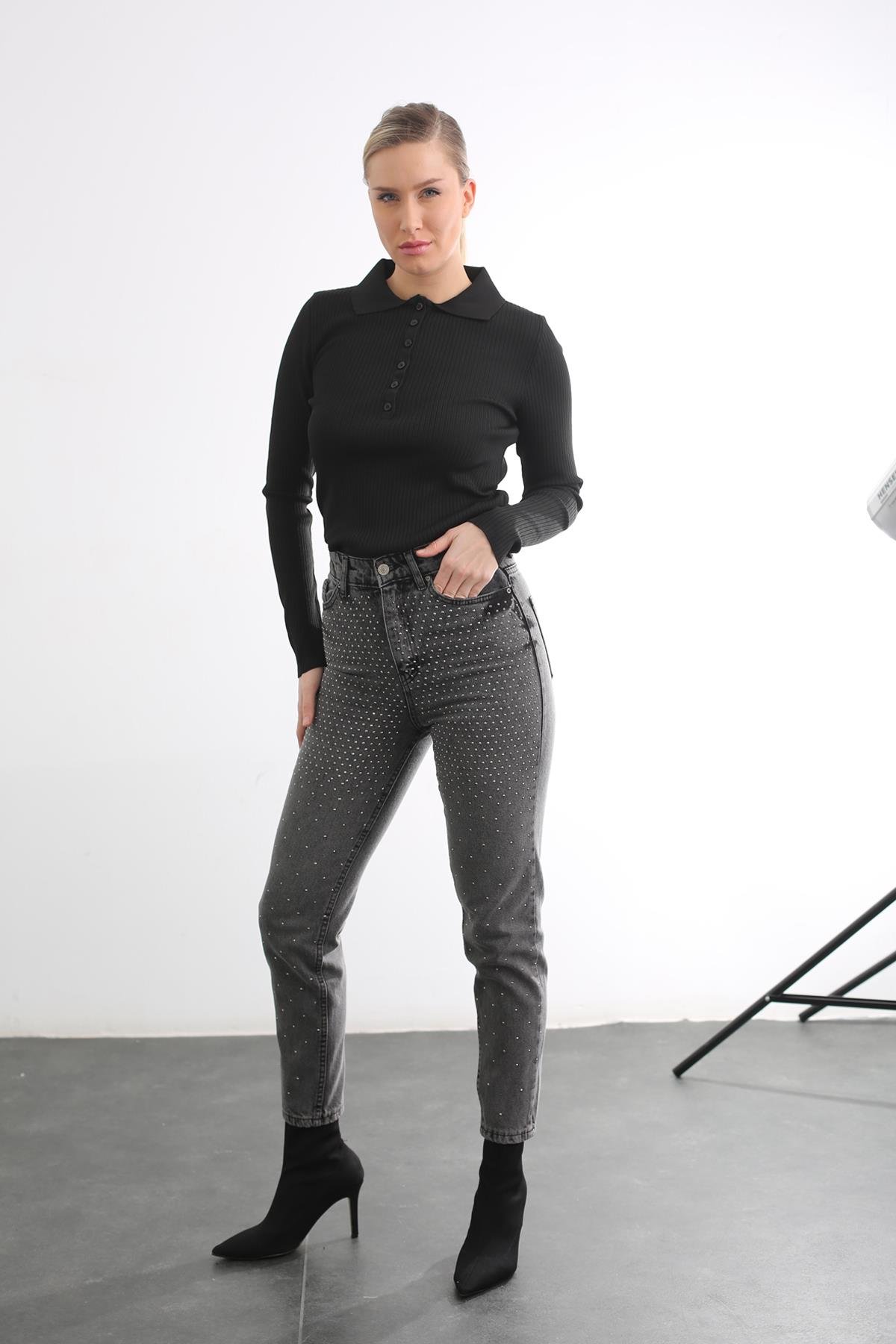 Füme Ultra Yüksek Bel Taşlı Jean 1084-ZR