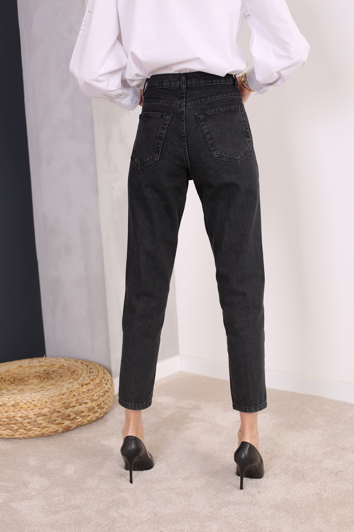 Füme Yüksek Bel Eskitmeli Mom Fit 2120