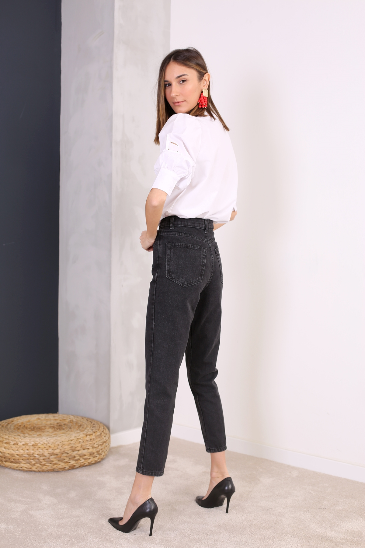 Füme Yüksek Bel Eskitmeli Mom Fit 2120