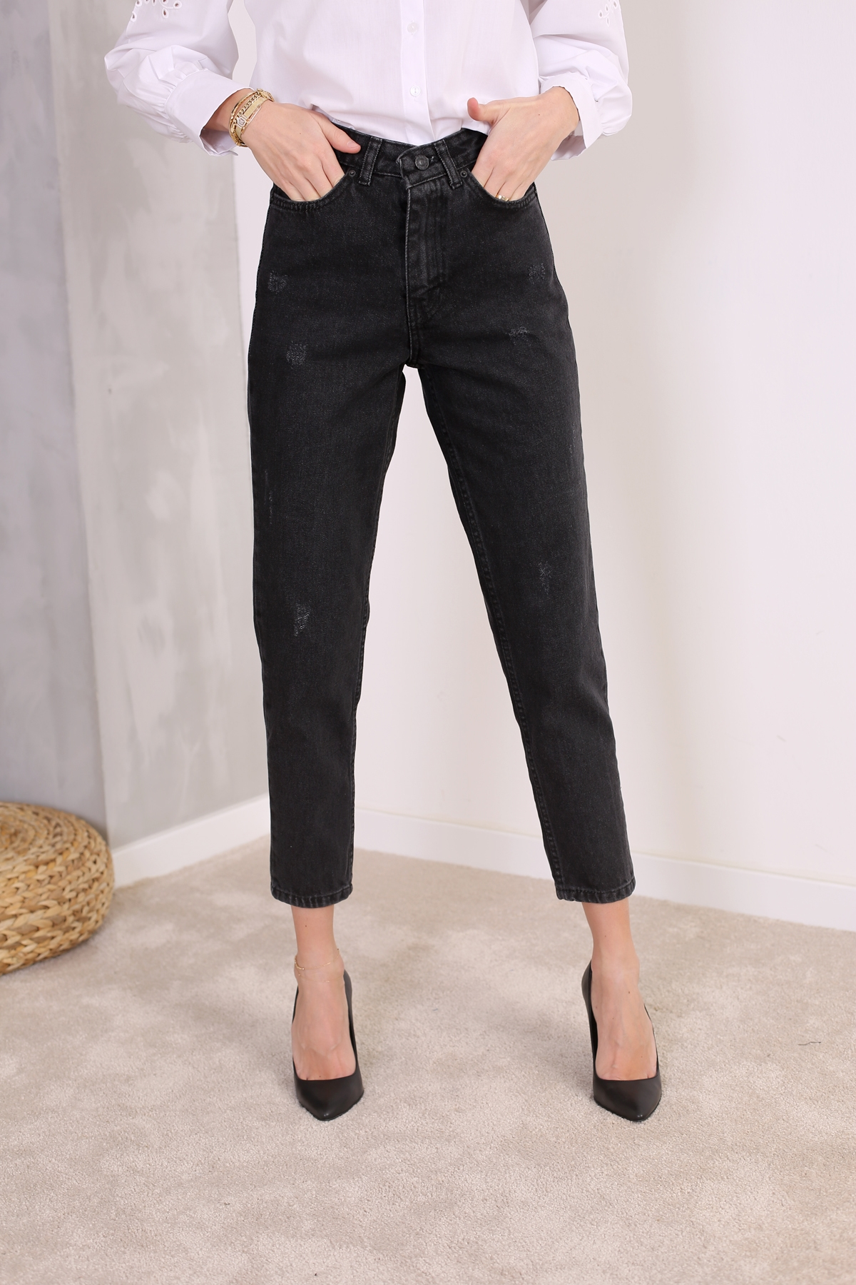 Füme Yüksek Bel Eskitmeli Mom Fit 2120