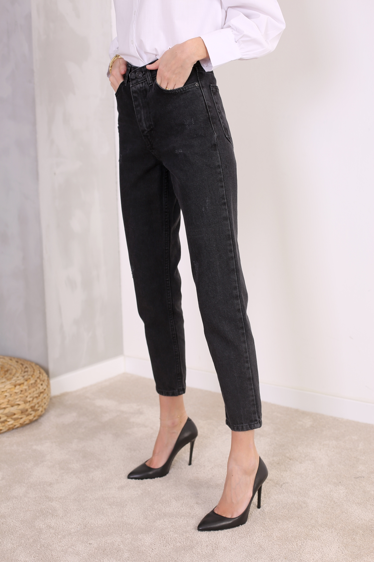 Füme Yüksek Bel Eskitmeli Mom Fit 2120