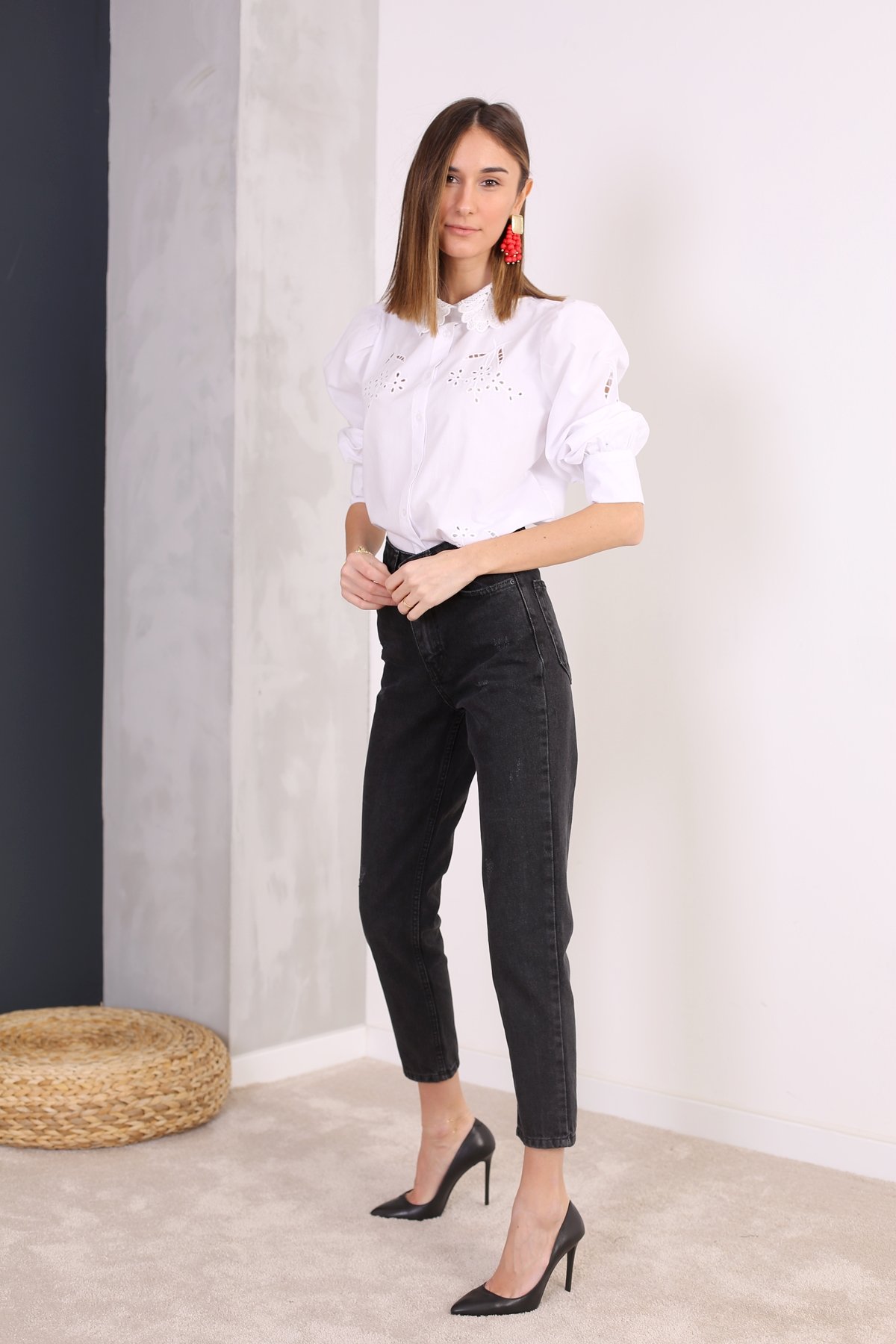 Füme Yüksek Bel Eskitmeli Mom Fit 2120
