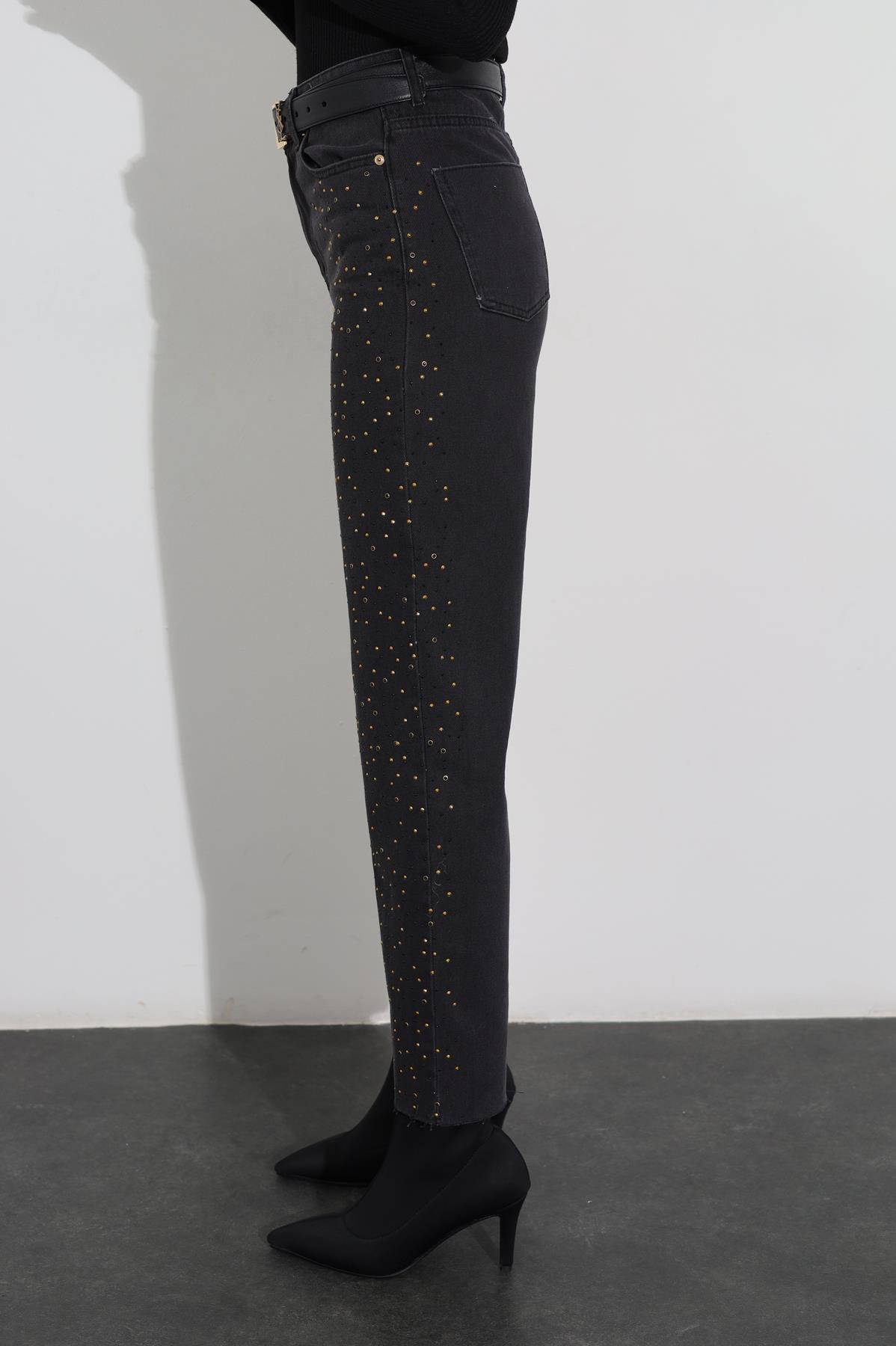 Füme Yüksek Bel Taşlı Jean 00803