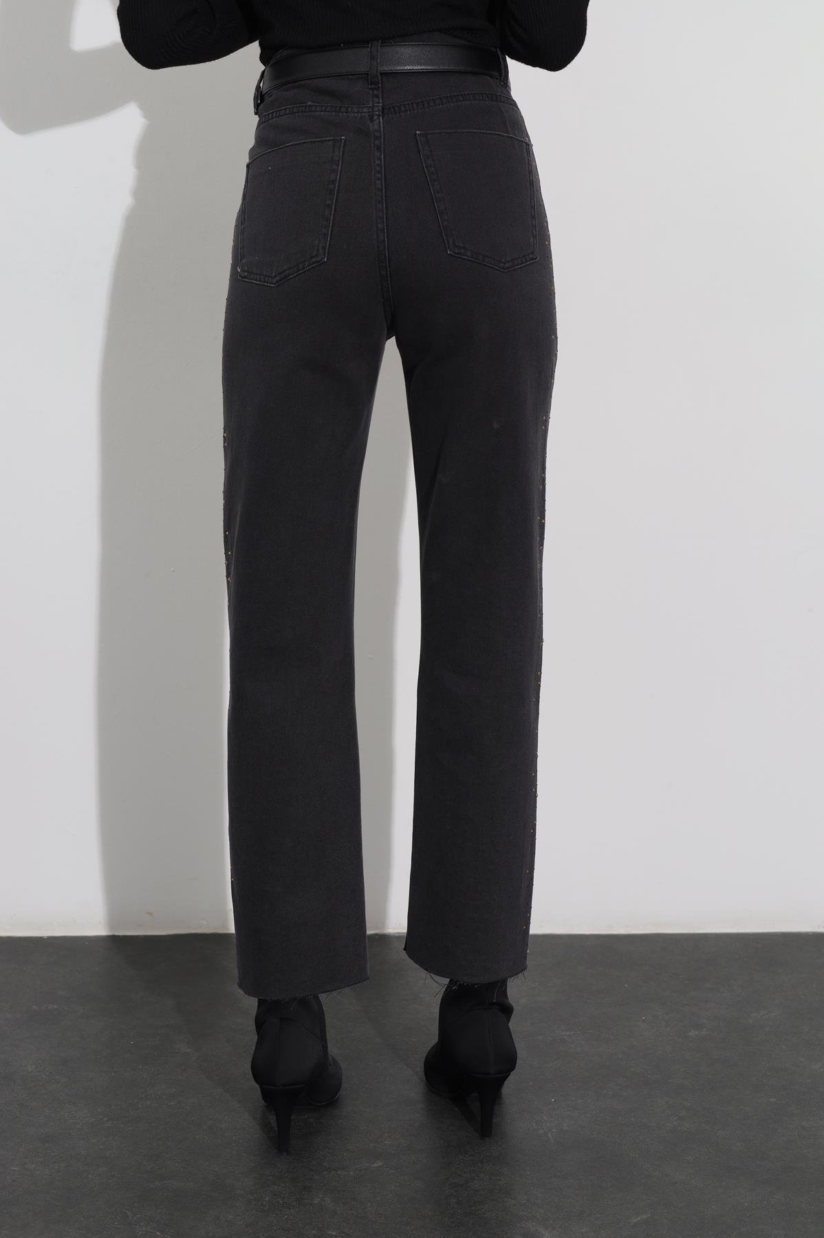Füme Yüksek Bel Taşlı Jean 00803