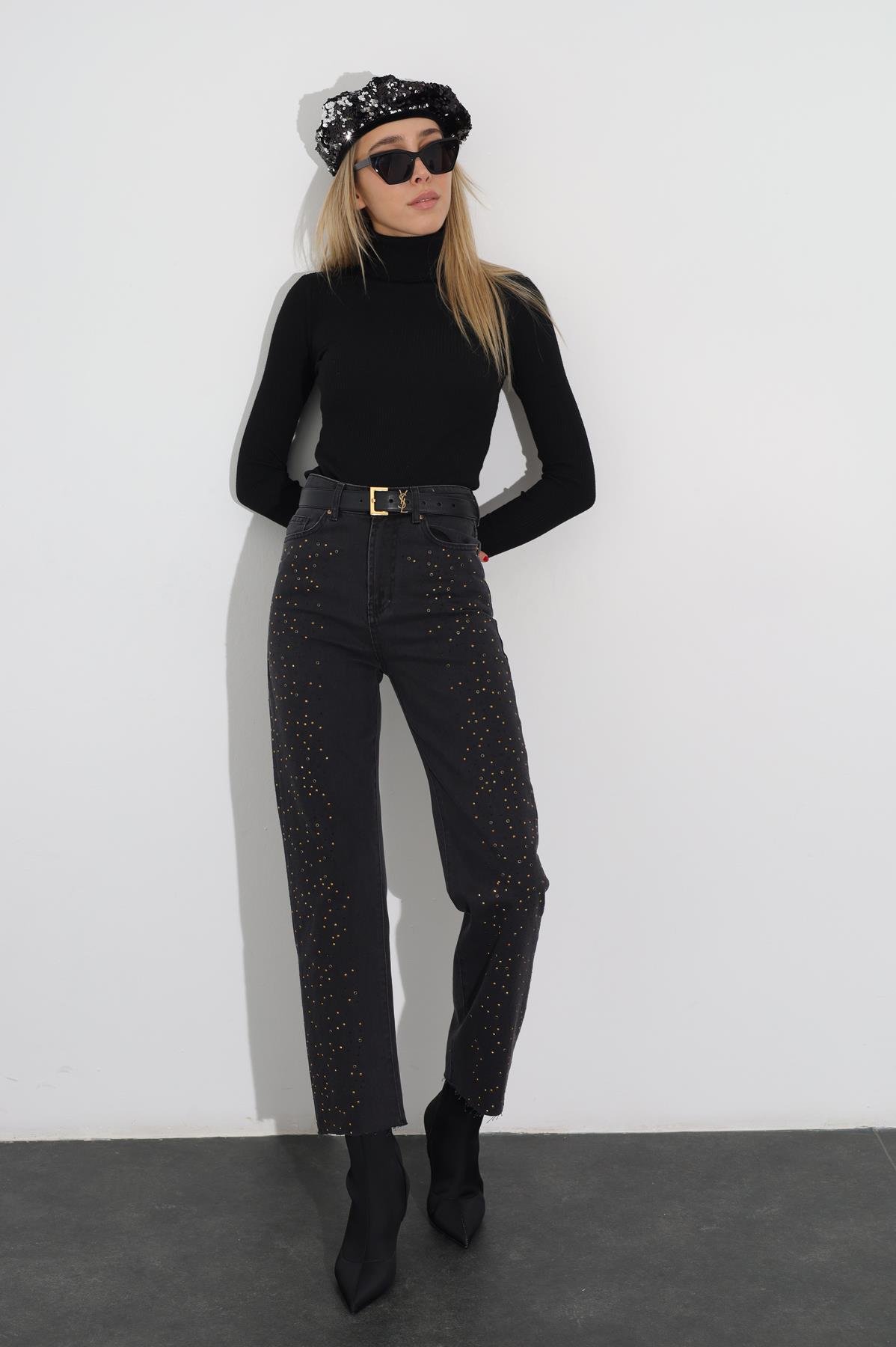 Füme Yüksek Bel Taşlı Jean 00803