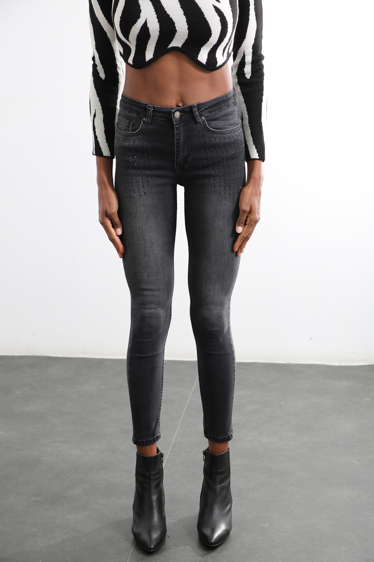 Füme Yüksek Bel Taşlı Slim Fit Jean D-211