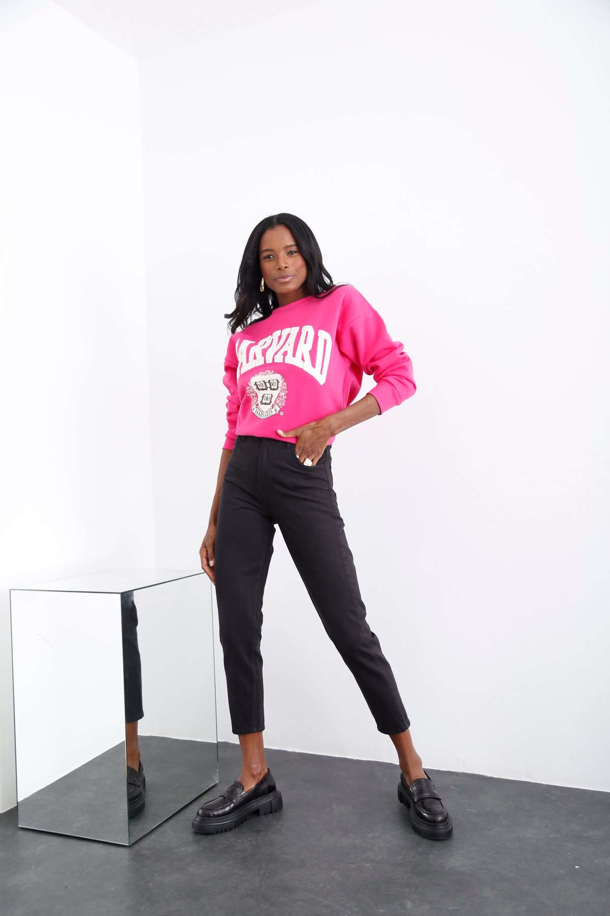 Fuşya Harvard Baskılı Şardonlu Sweatshirt 3630