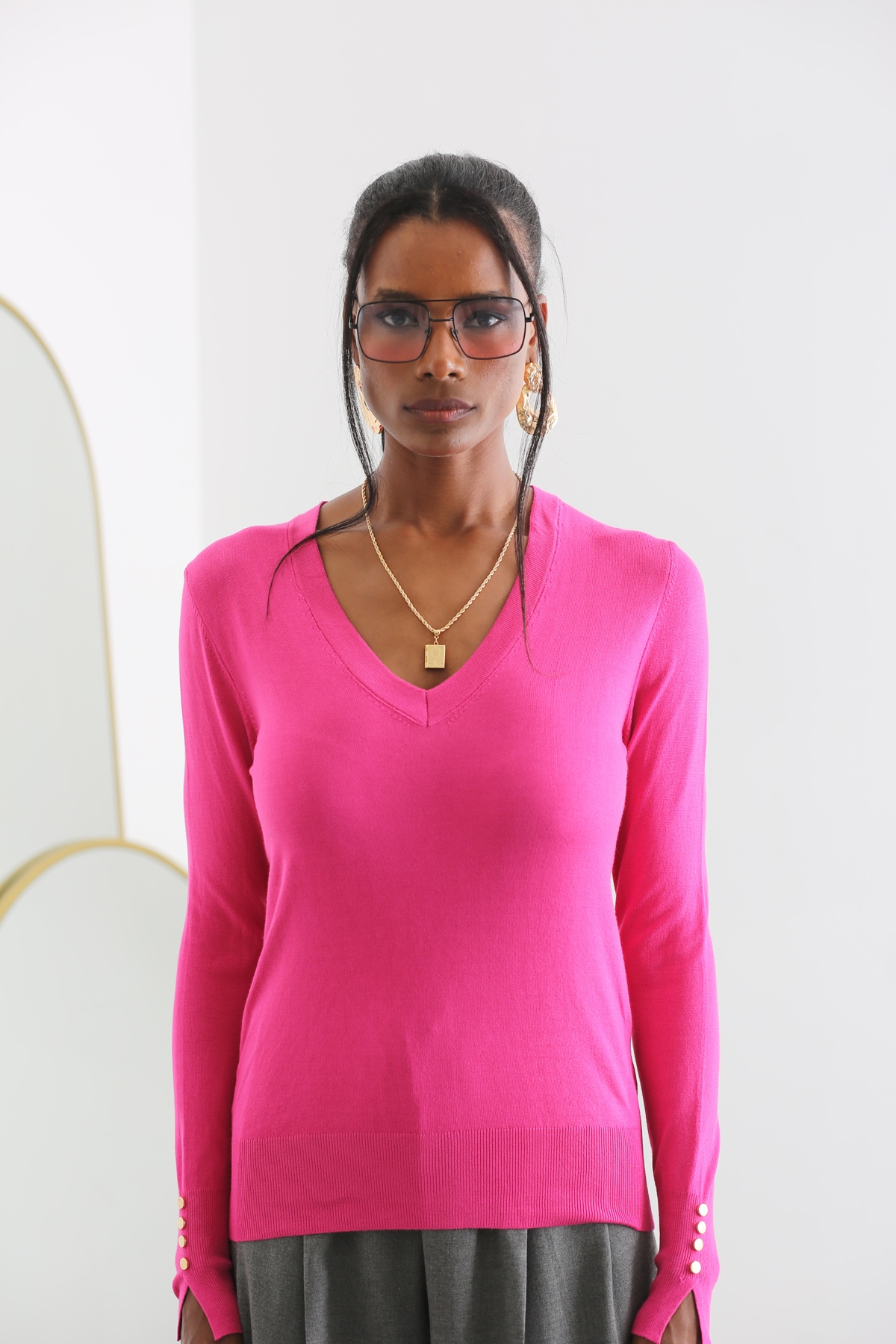 Fuşya V Yaka Basic Triko 3305