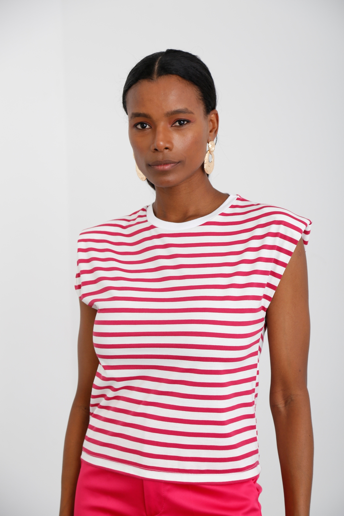 Fuşya Vatkalı Çizgili Tshirt 3776