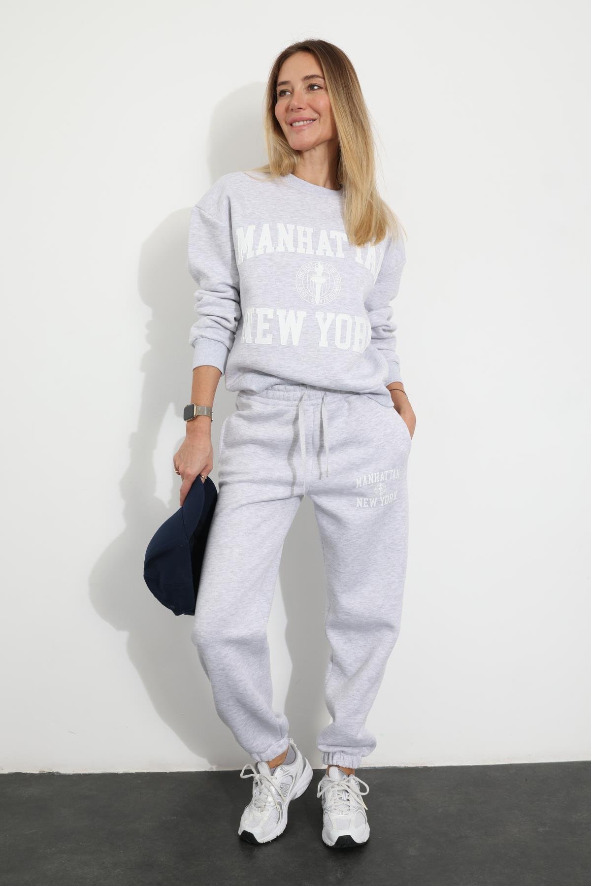 Gri Baskılı Sweatshirt Eşofman Takım 98313