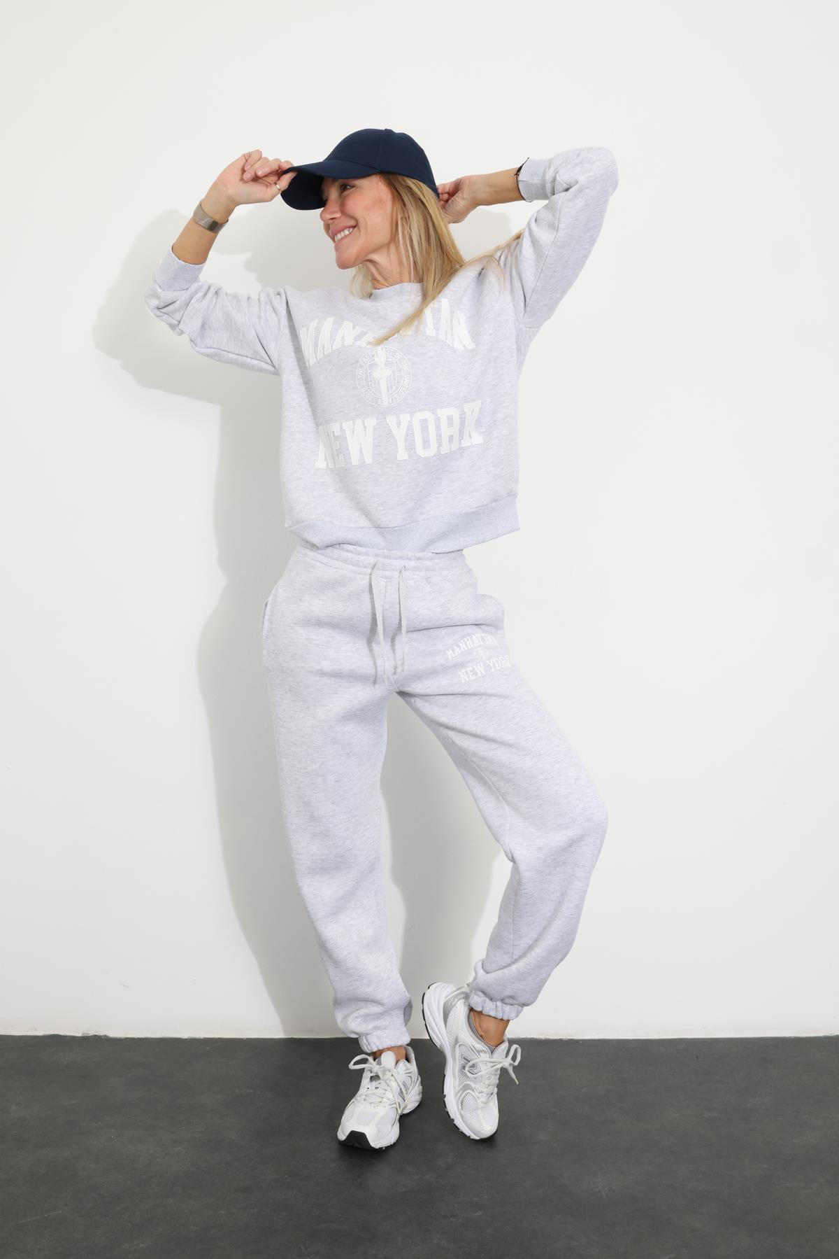 Gri Baskılı Sweatshirt Eşofman Takım 98313