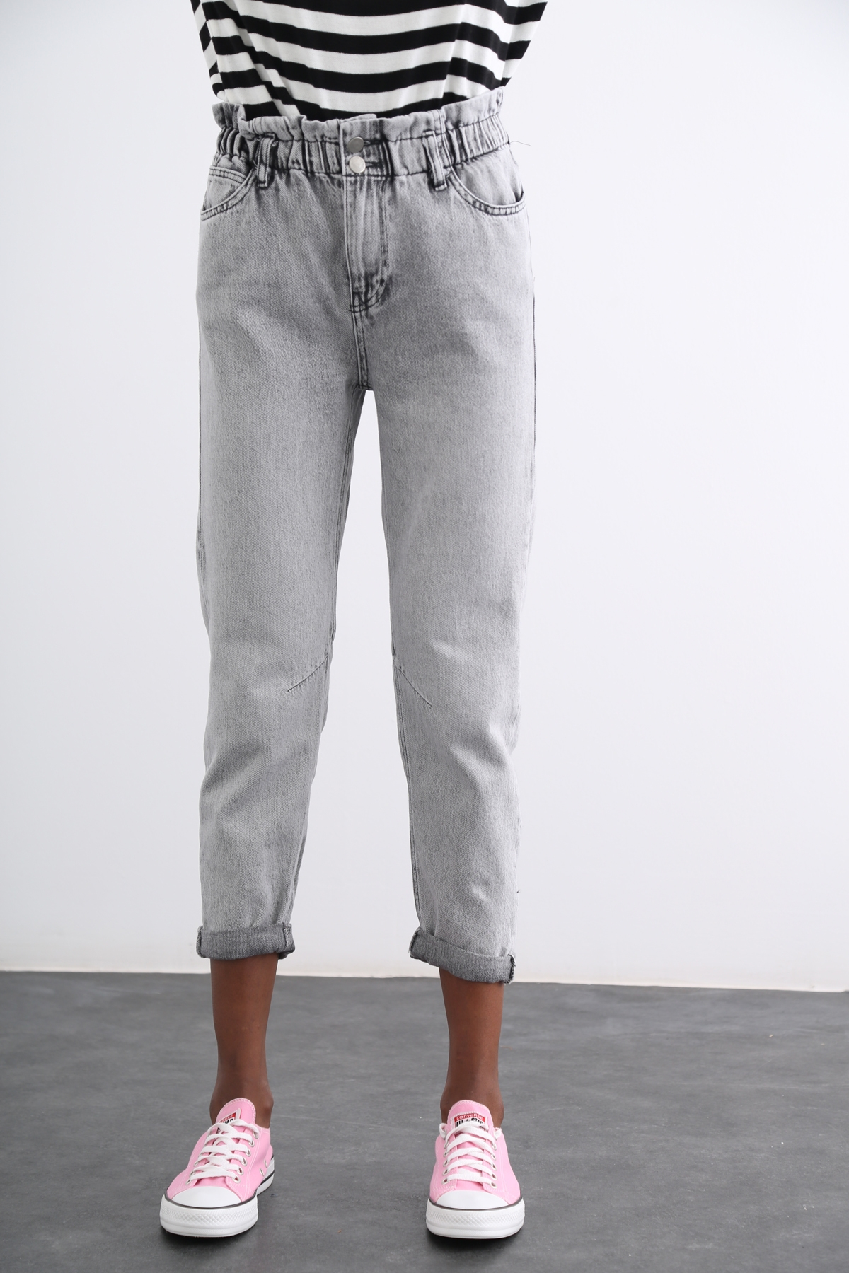 Gri Beli Lastikli Duble Paça Mom Jean 1449