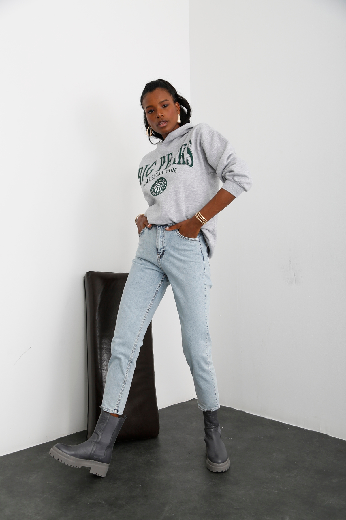 Gri Big Peaks Baskılı Şardonlu Sweatshirt 3603