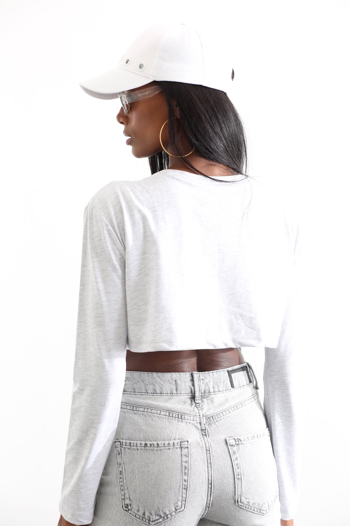 Gri Crop Detaylı Uzun Kol Tshirt 
