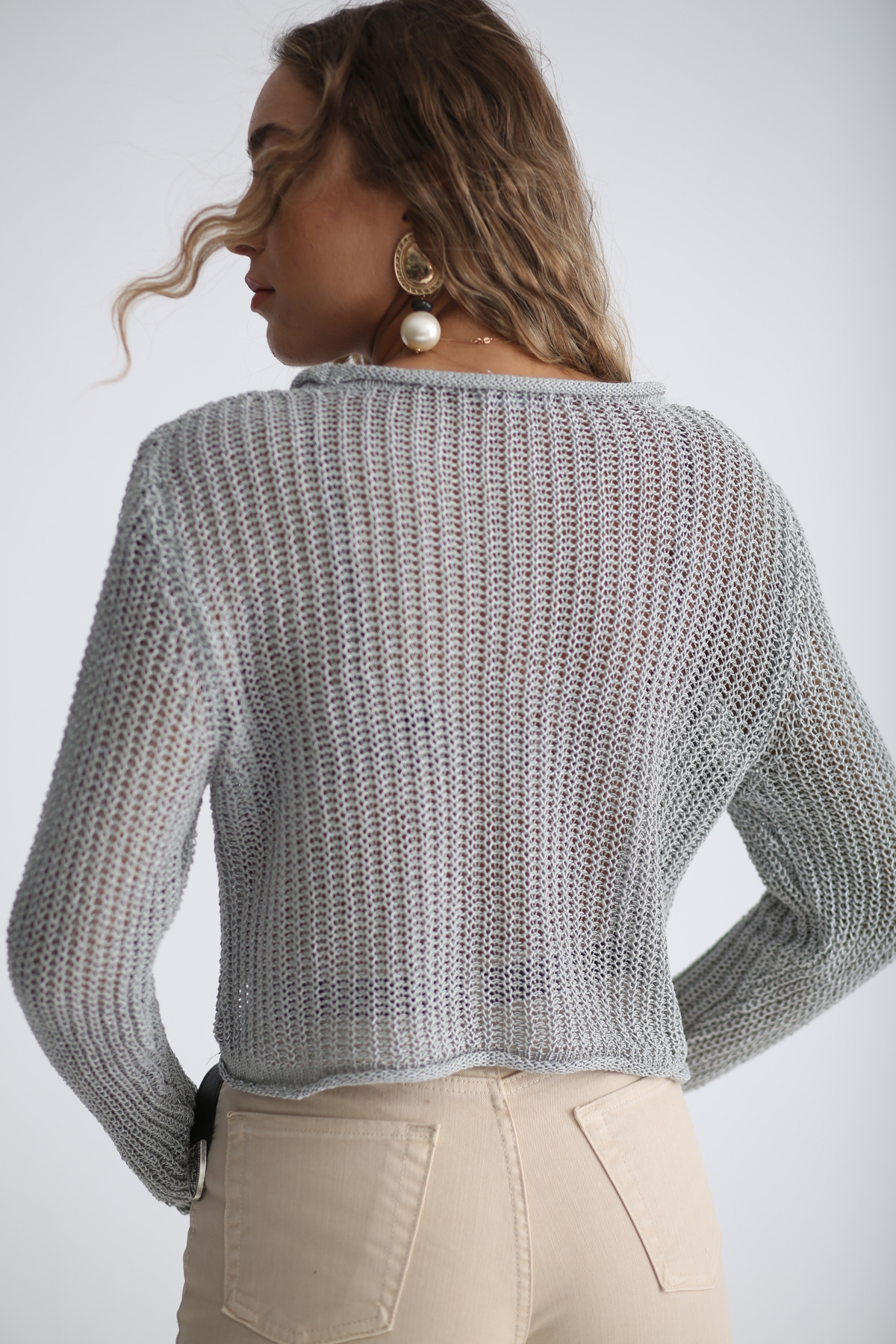 Gri Delikli Crop Triko 9307
