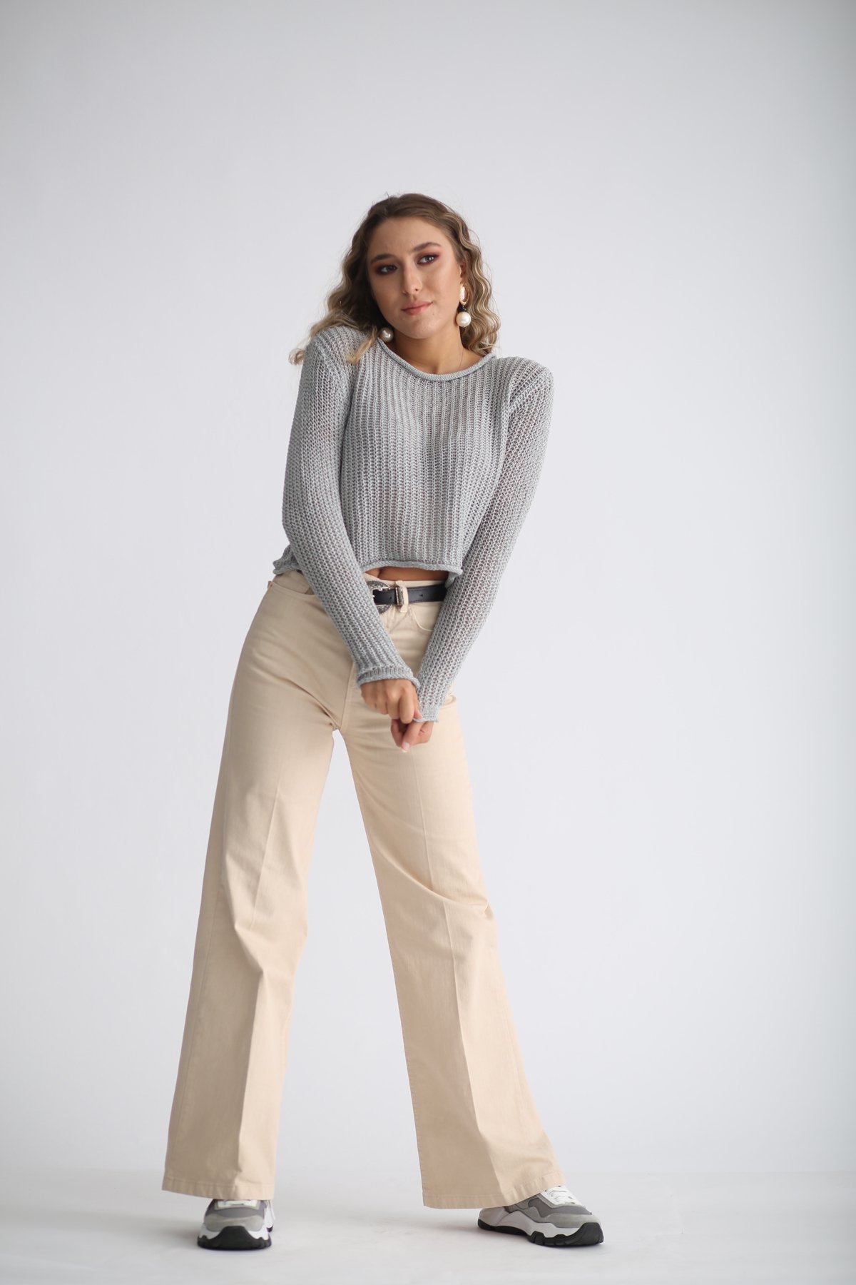 Gri Delikli Crop Triko 9307