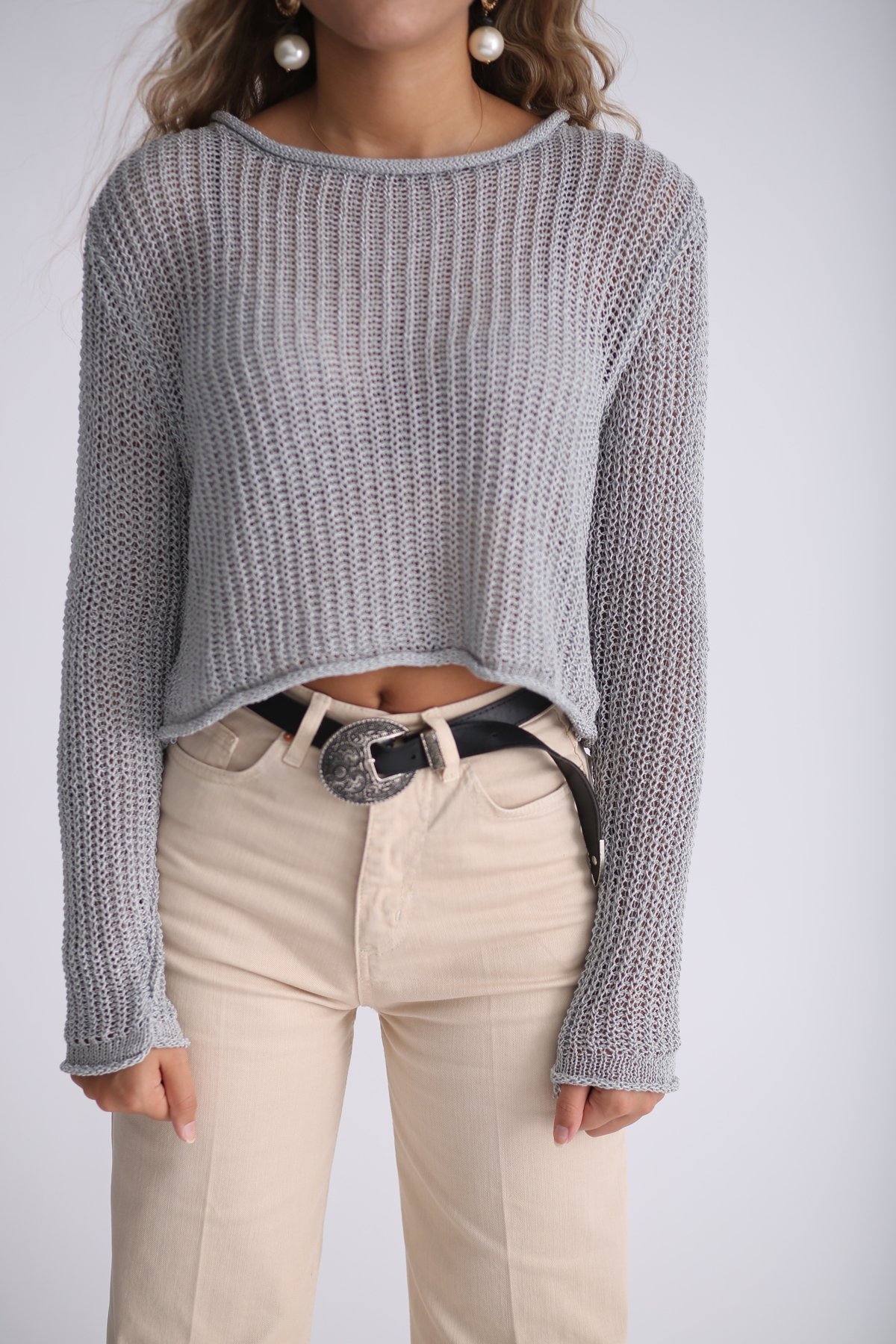 Gri Delikli Crop Triko 9307
