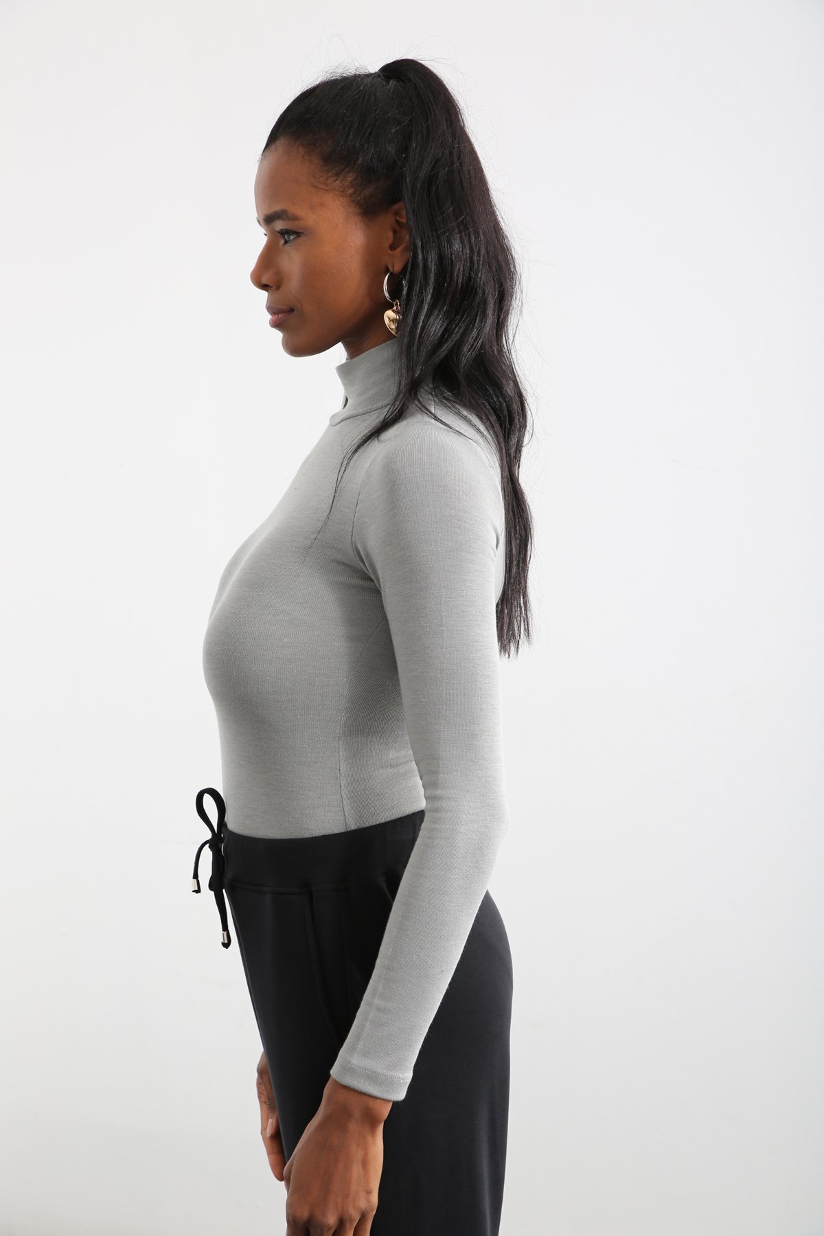 Gri Dik Yaka Uzun Kol Bodysuit 8252